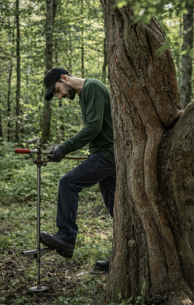 A man in a green shirt and black cap using a tool in a forest.