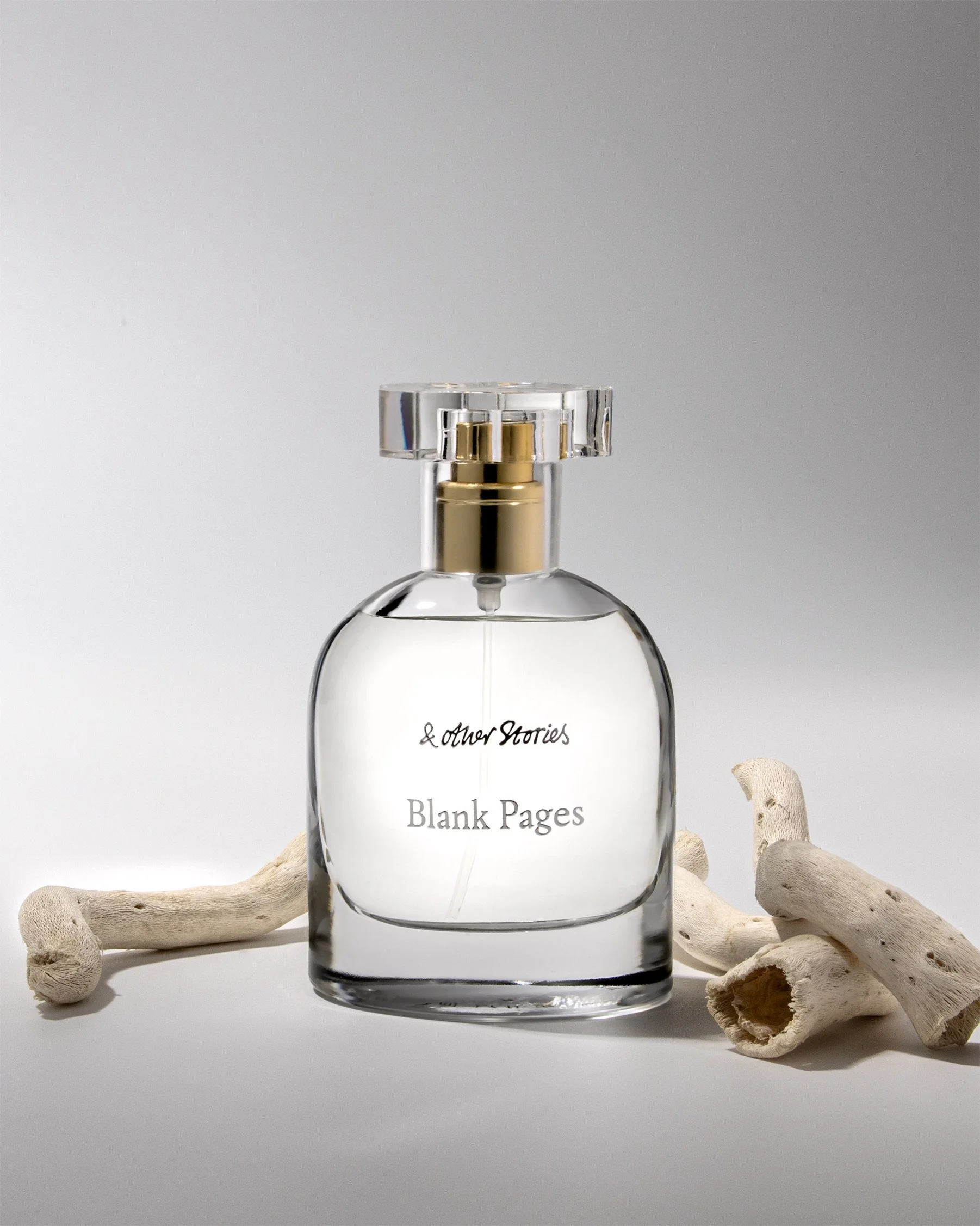 A perfume bottle labeled '& other Stories Blank Pages' is placed on a plain surface. Several pieces of white coral are arranged around the bottle on a light background with a gentle shadow.