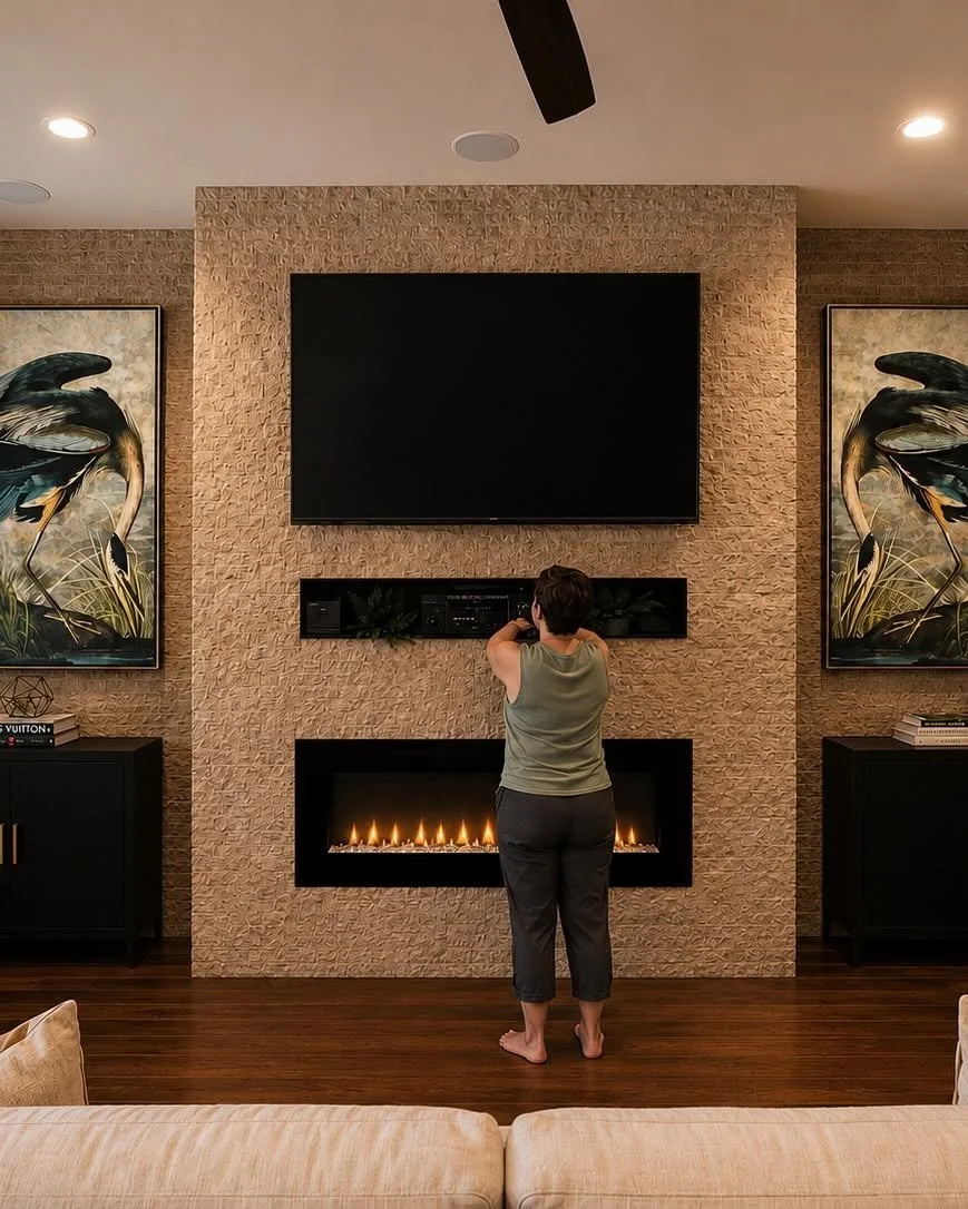 Interior designer Amy Baez overseeing artwork installation during Clear Lake Shores renovation