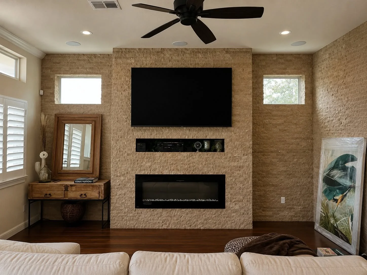 Clear Lake Shores fireplace wall before final interior design installation