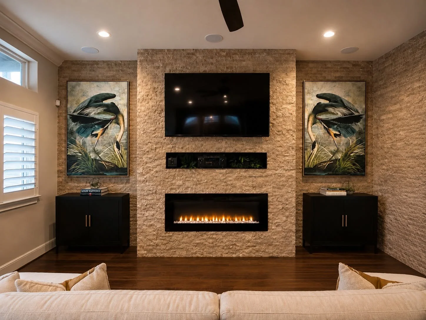 Clear Lake Shores living room fireplace renovation designed by Amy Baez Interiors