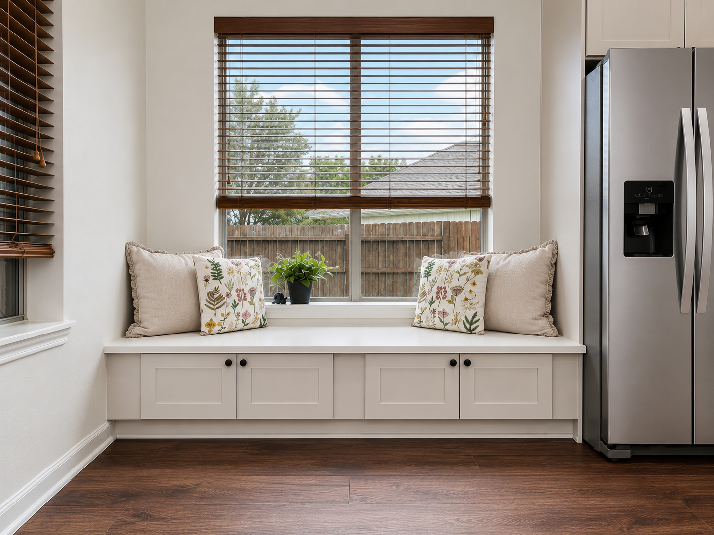 Custom kitchen window bench with quartz top designed for additional seating and gathering