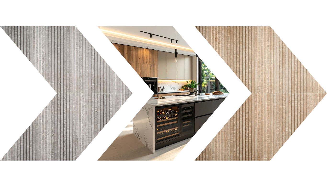 Interior of a modern kitchen with wood and marble accents, black cabinetry, and large windows.