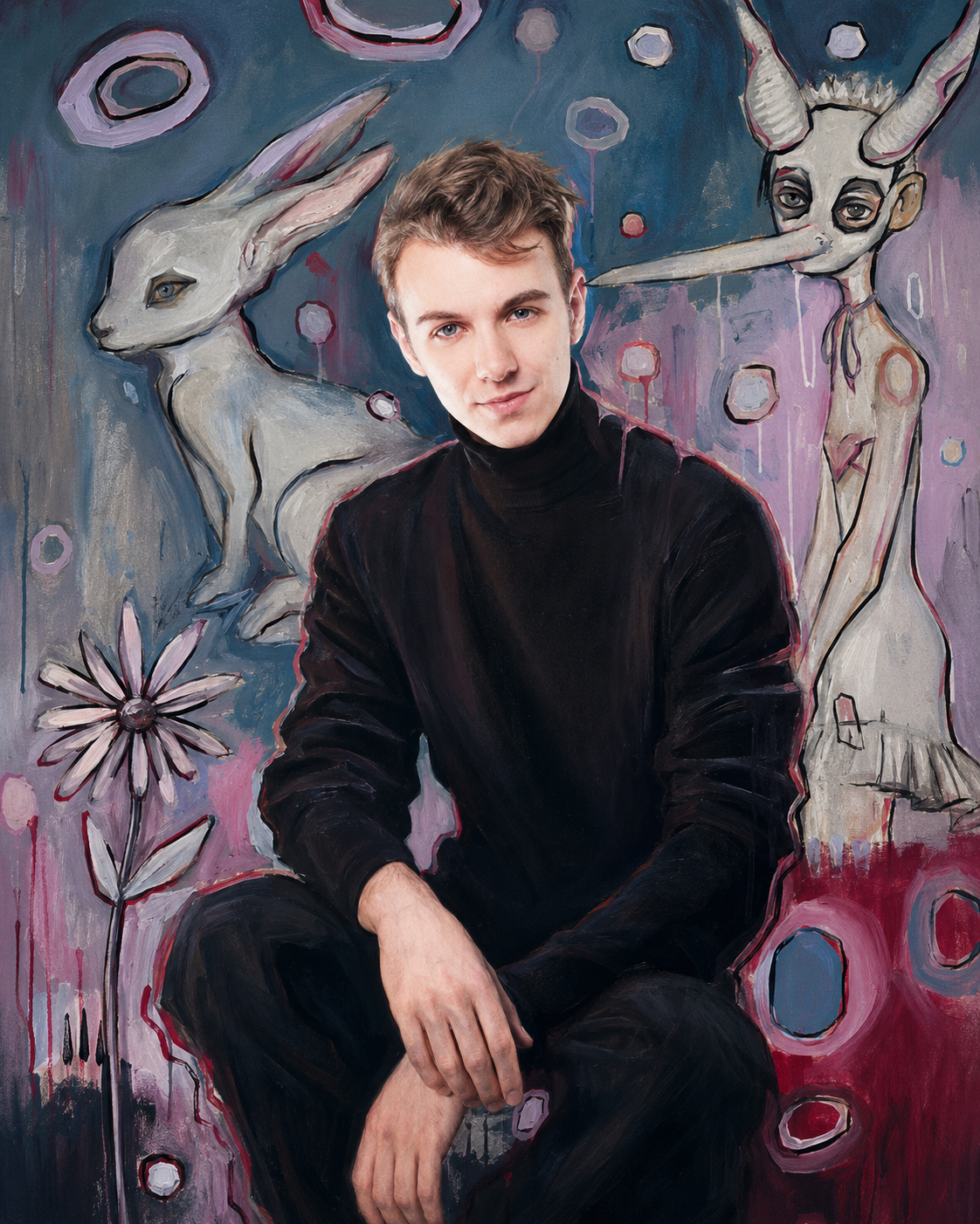 Ein junger Mann in schwarzer Kleidung sitzt vor einem bunten, expressionistischen Wandbild mit Tieren, Blumen und abstrakten Formen.