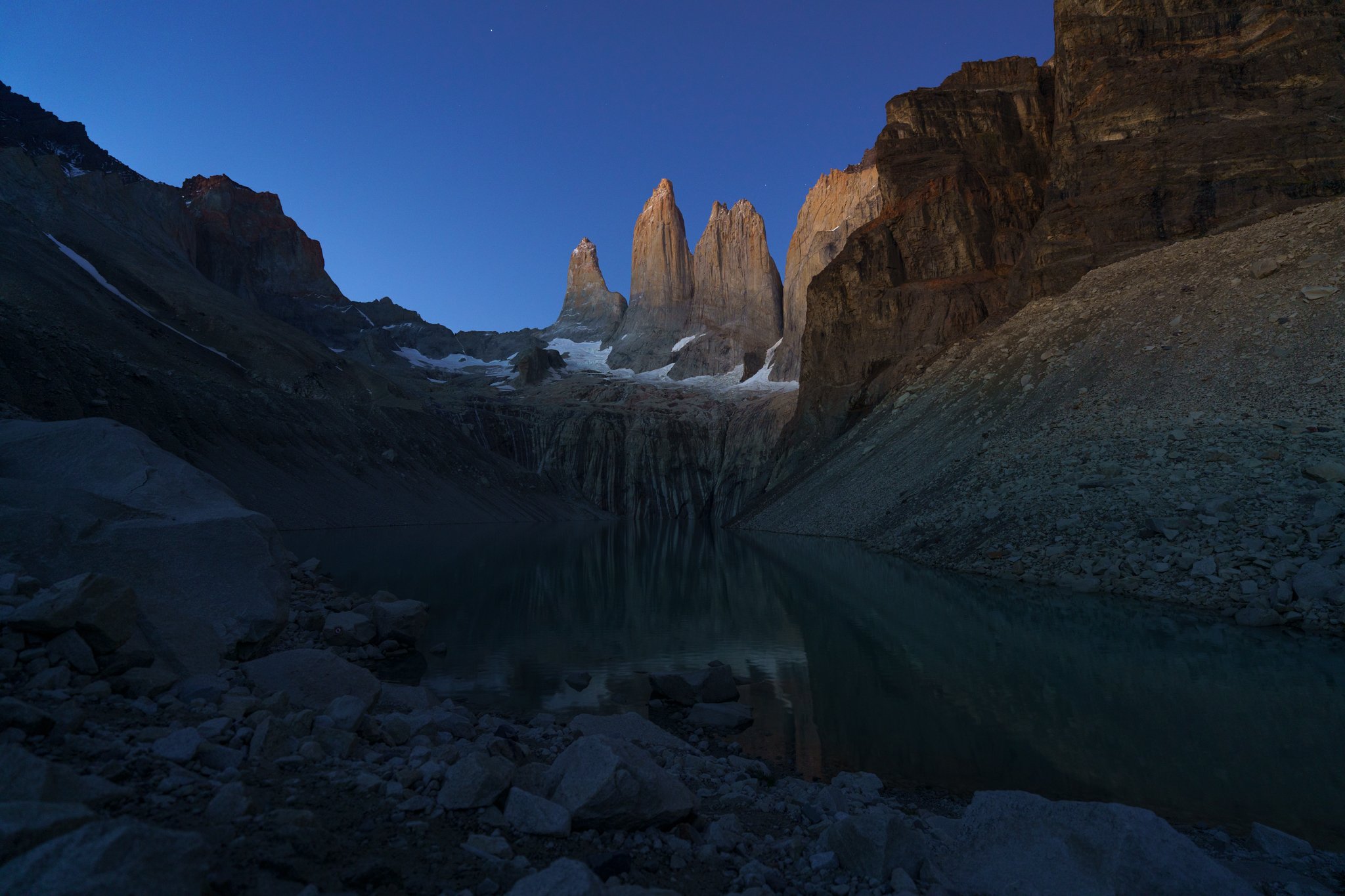 Blue hour, just before sunrise at Base Las Torres