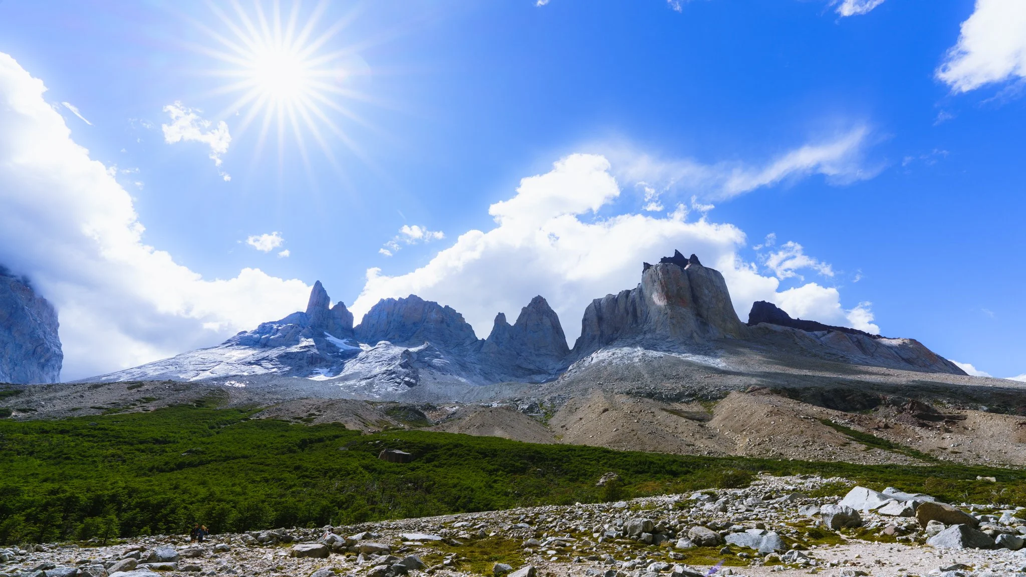 Lens flare looking over Cuernos Del Paine