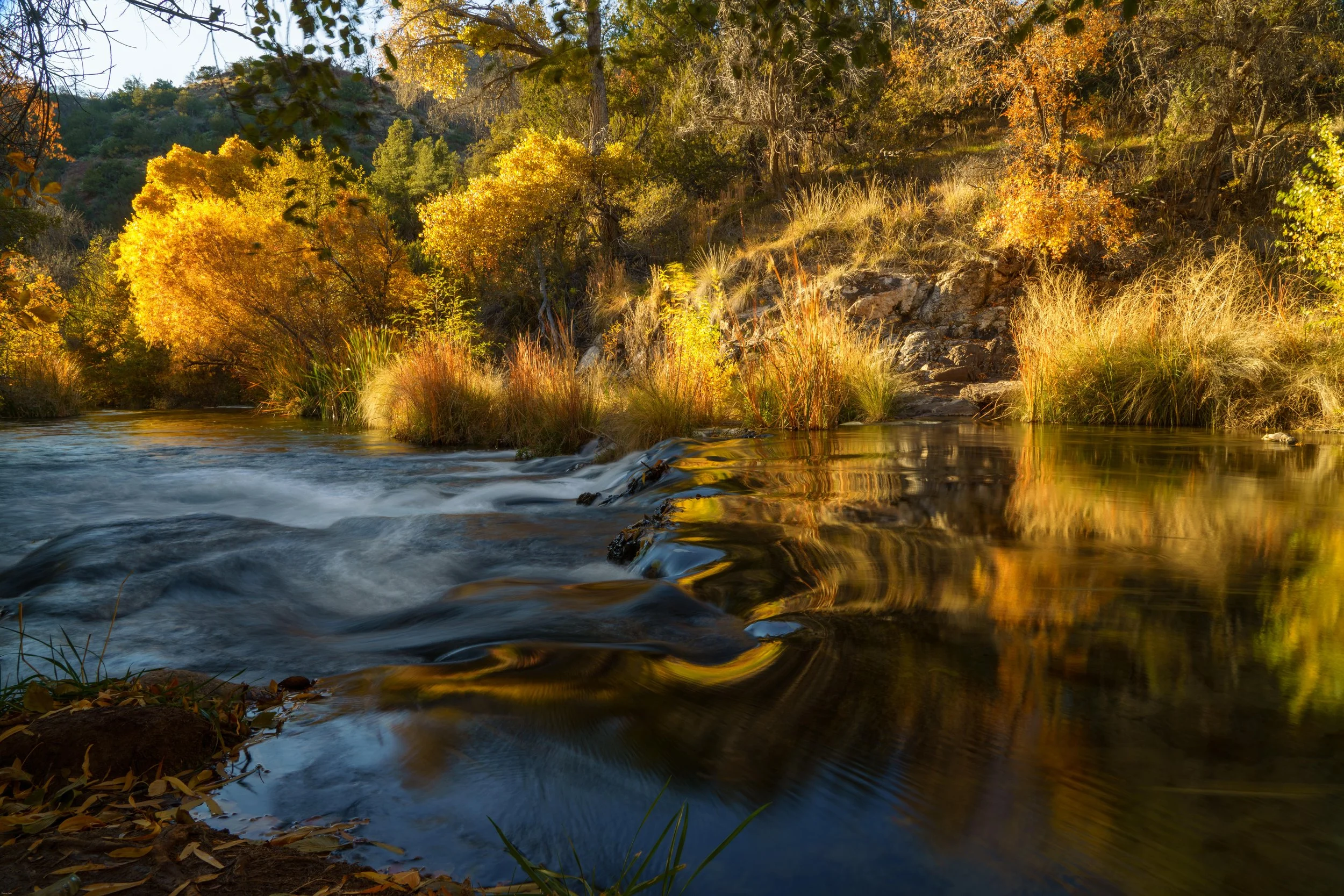 Fall colors reflected in long exposure photo, Fossil Creek, Arizona