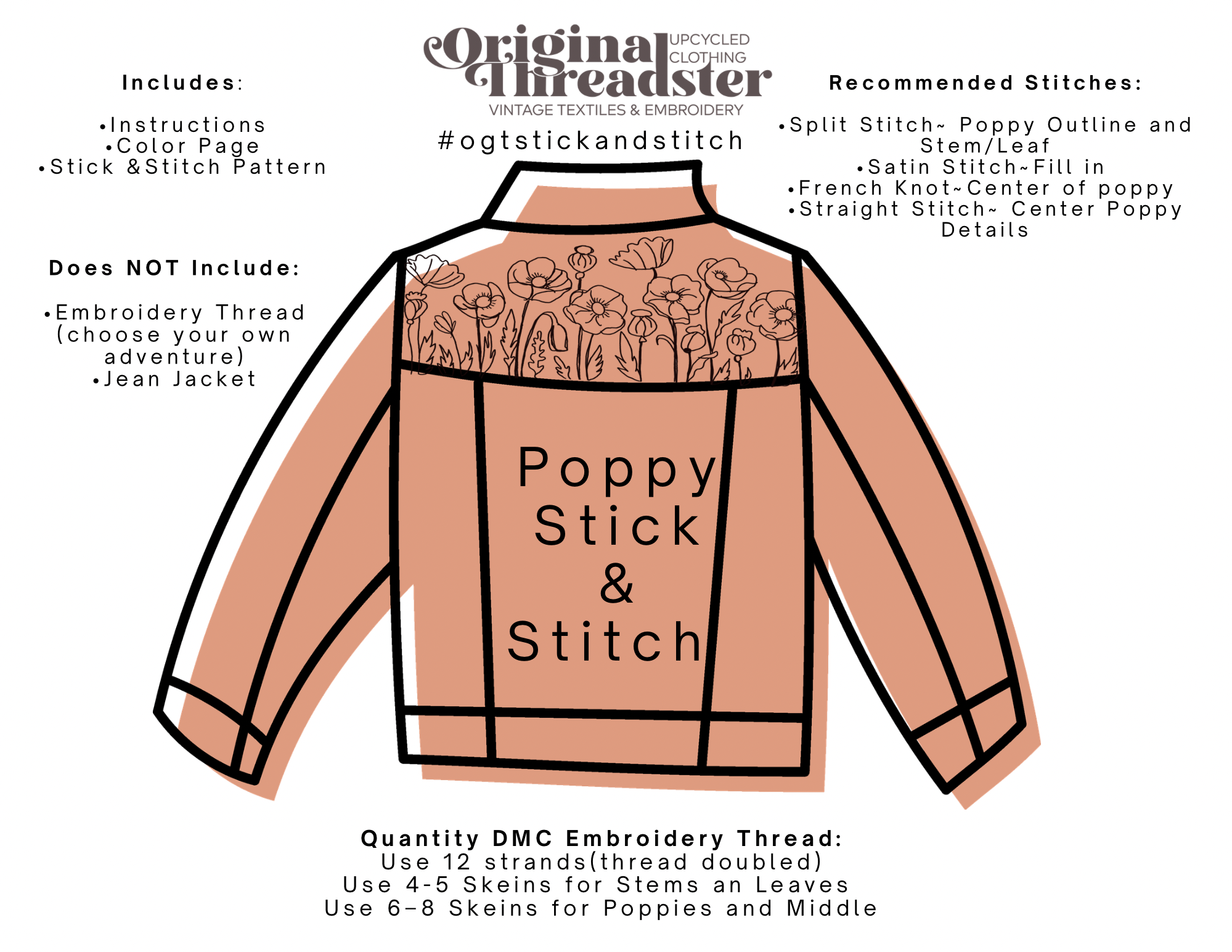 Poppy Embroidery Pattern Stick and Stitch Pattern on Stabilizer