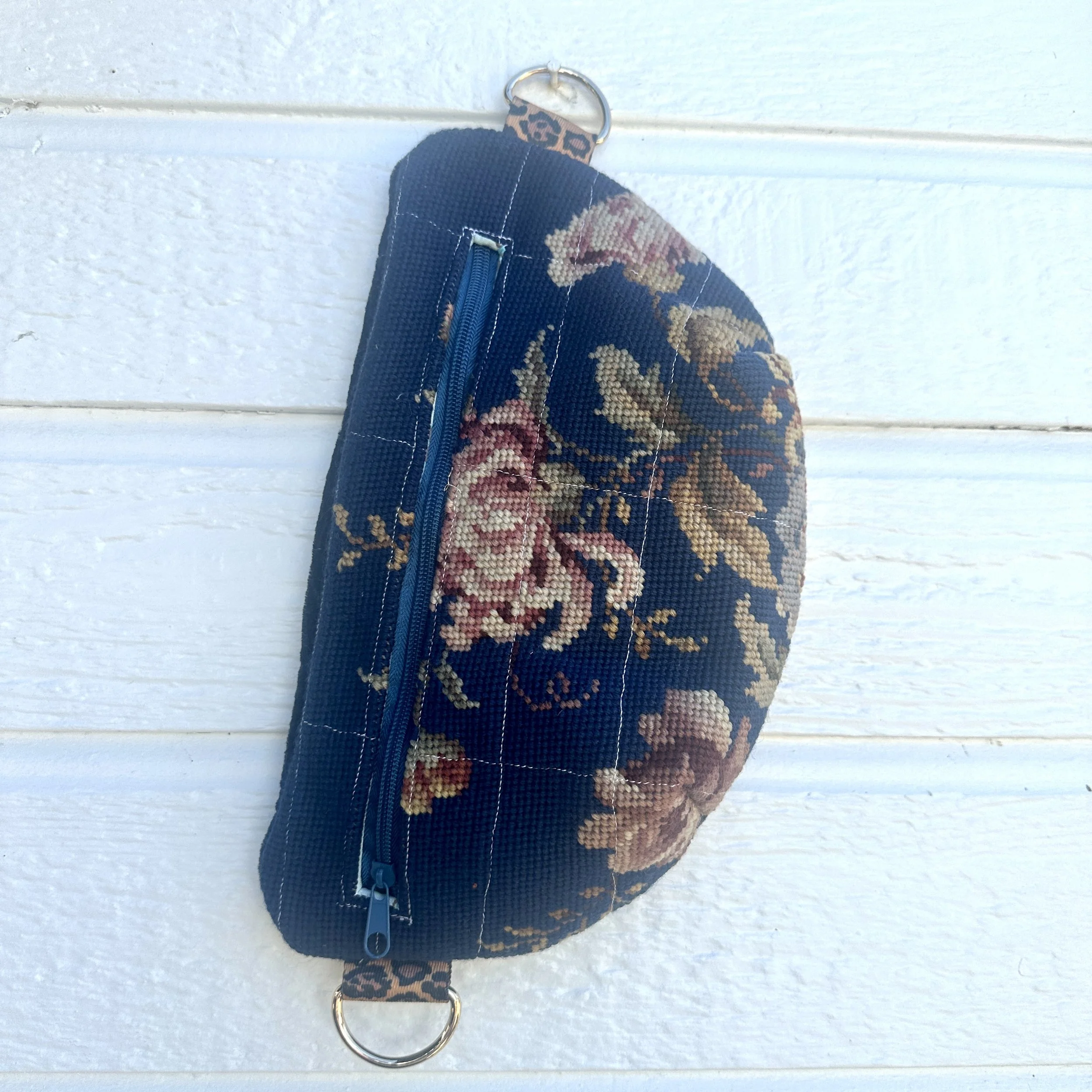Vintage Needlepoint Dark Blue Flower Bum Bag