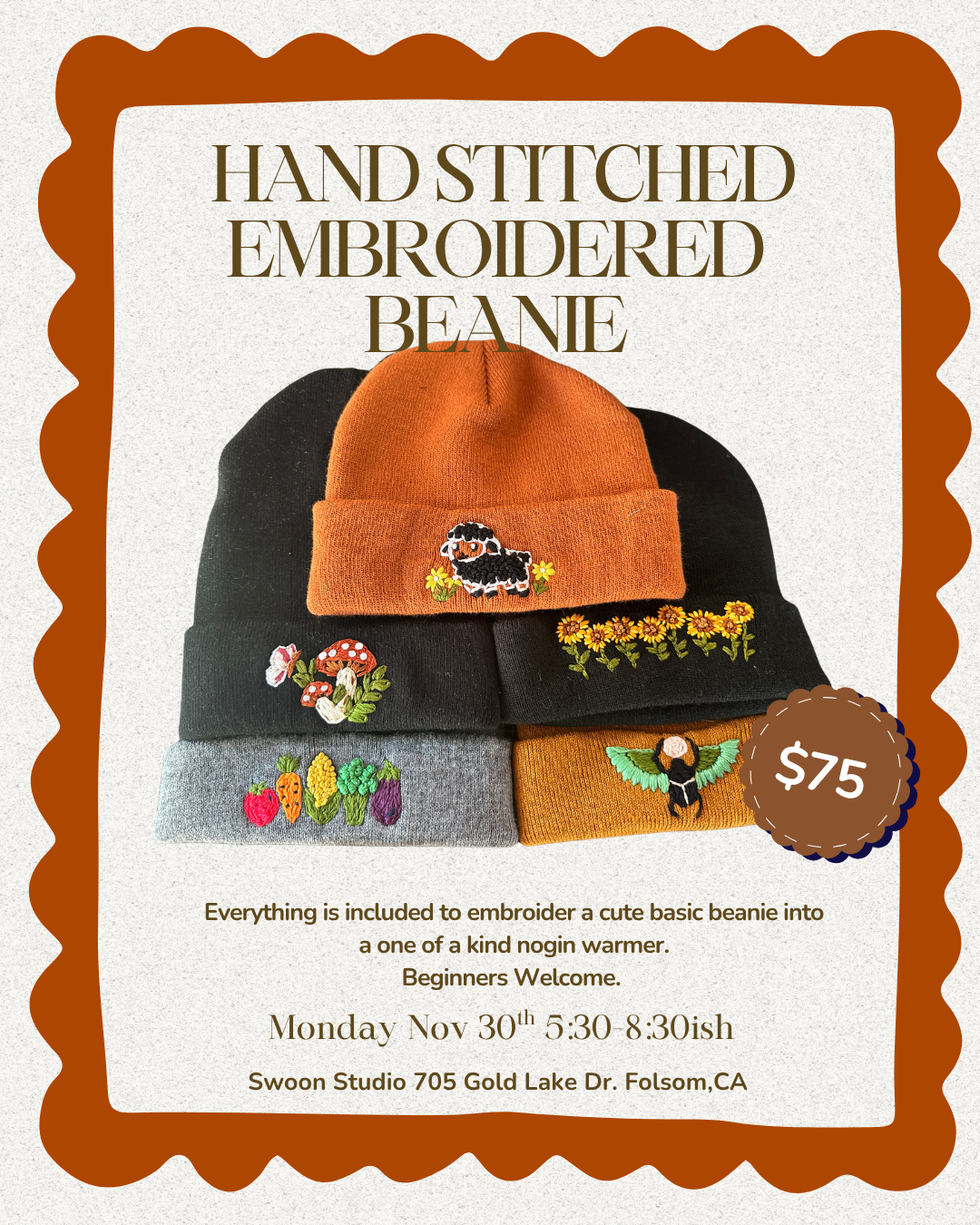Beanie Handstitched  Embroidery Workshop- Mon Nov 30th