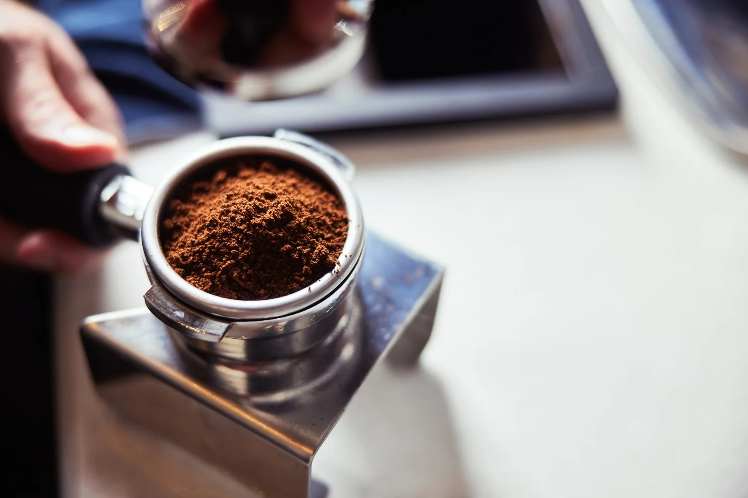 Freshly ground coffee in an espresso portafilter