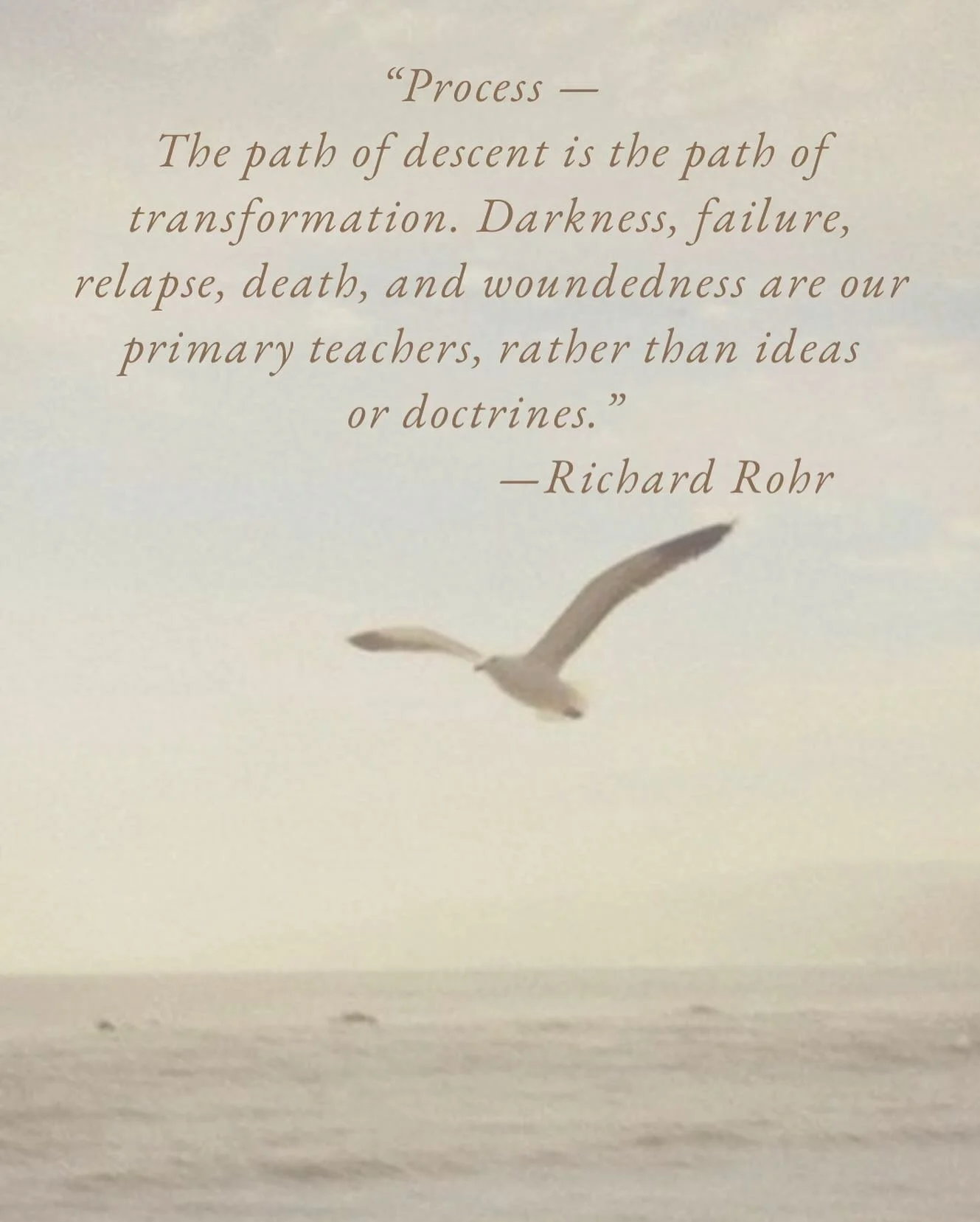 Process&mdash;

The path of descent is the path of transformation. Darkness, failure, relapse, death, and woundedness are our primary teachers, rather than ideas or doctrines.

&mdash;Richard Rohr
.
.
.
.
.
#saltpsychotherapy #anniebroggertherapy #ap