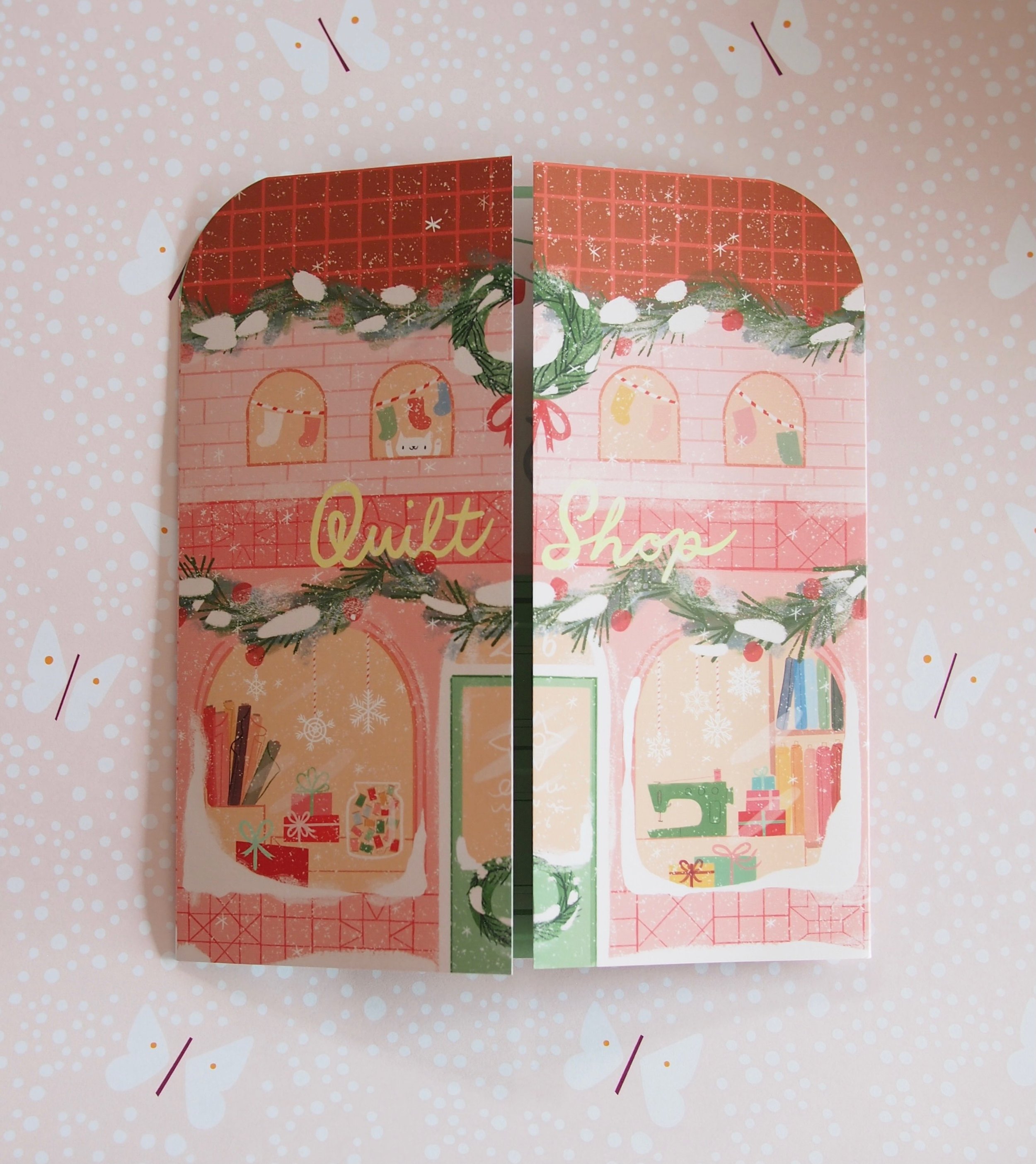 2 weeks ago I had an idea about making a big card/brochure with the Advent Quilt Shop artwork. The thought was: what if I could send something in the mail to a handful of our customers to give them a little sneak peek and something to hang onto until