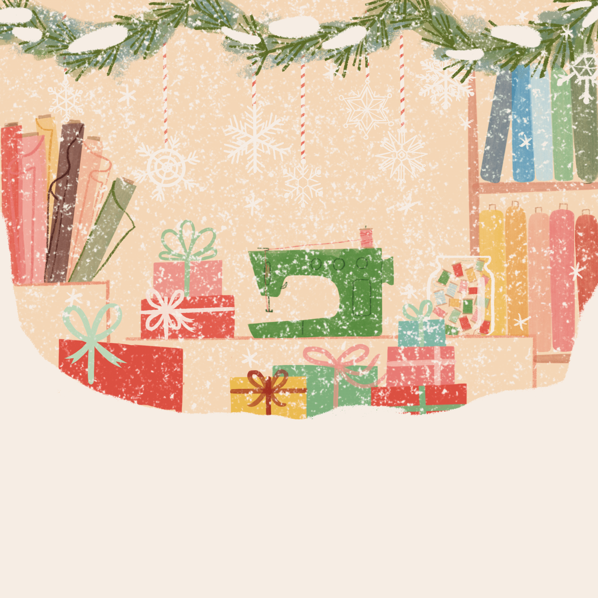 Decorative Christmas scene with hanging snowflake ornaments, evergreen branches with snow, colorful wrapped presents, and a snow-covered background.