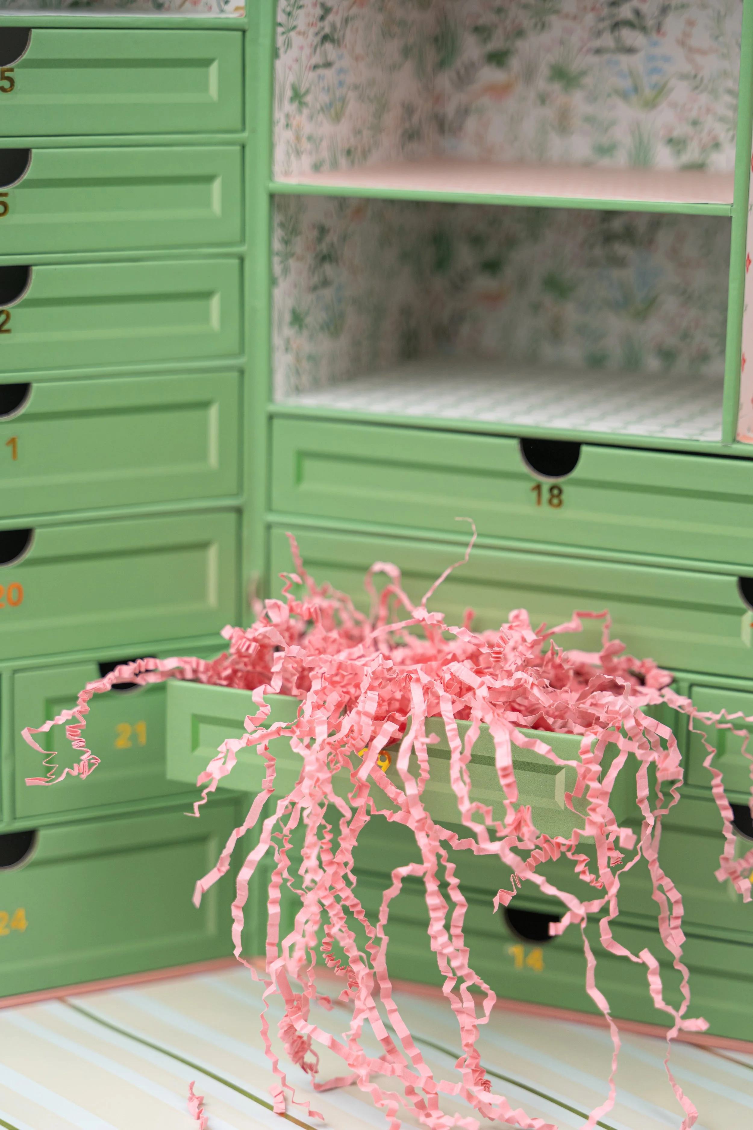 peek inside green Lizzy House advent calendar 2026 drawers.