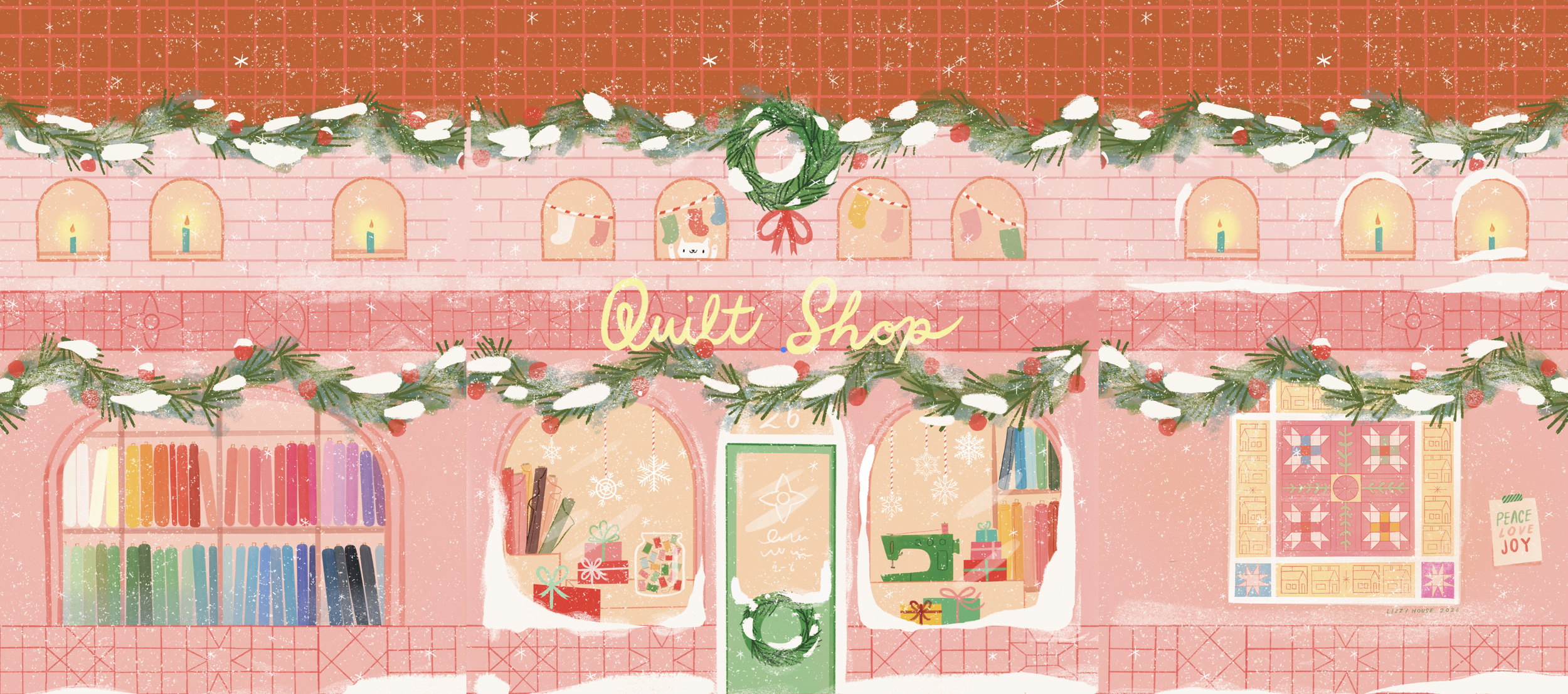 Winter scene of an quilt shop decorated for Christmas with garlands, snow, stockings, presents, and books in a colorful, illustrated style.