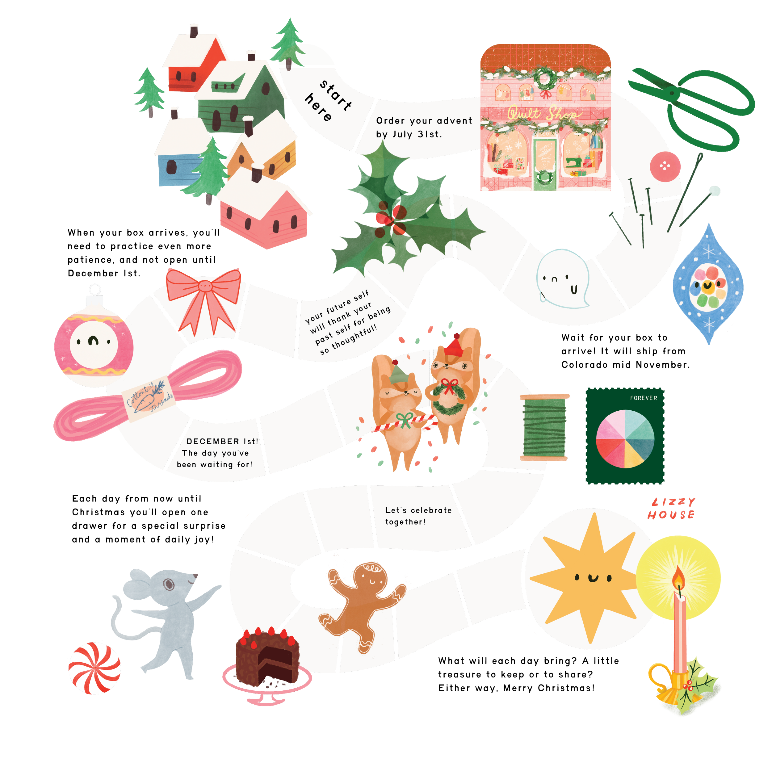 A colorful Christmas board game with houses, Christmas trees, candy canes, gingerbread cookies, a reindeer, a cake, and decorations. The game includes a path with spaces, some with illustrations or text, such as 'start here' and instructions for the players.
