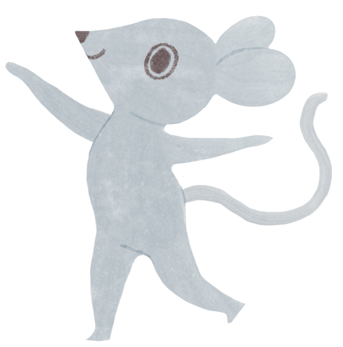 A cartoon gray mouse with large ears, big eyes.