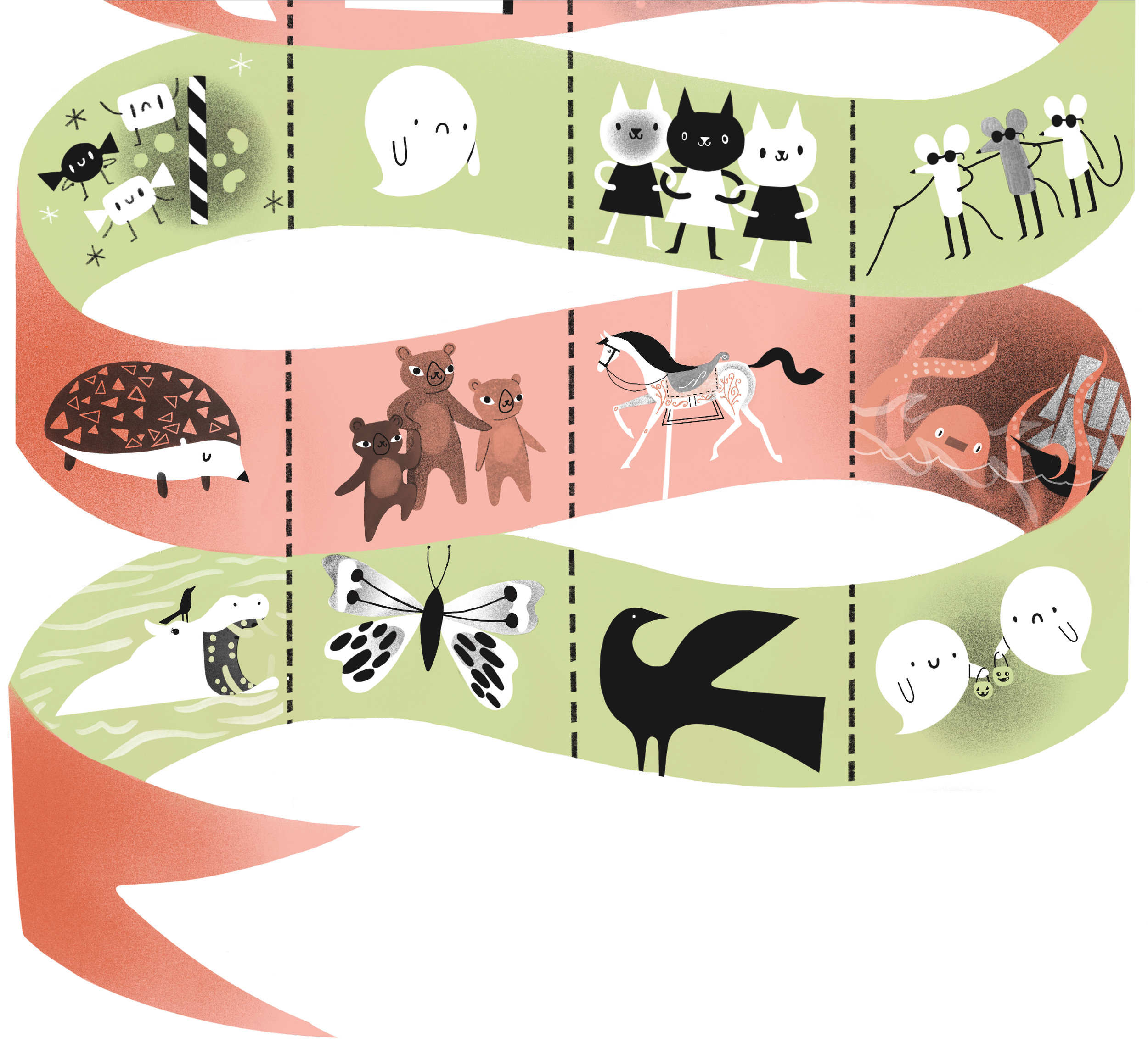 Illustration of various animals and characters, including mice with glasses, bears, a horse, and a squid, arranged in separate sections with dashed lines separating groups, set against a colorful background.