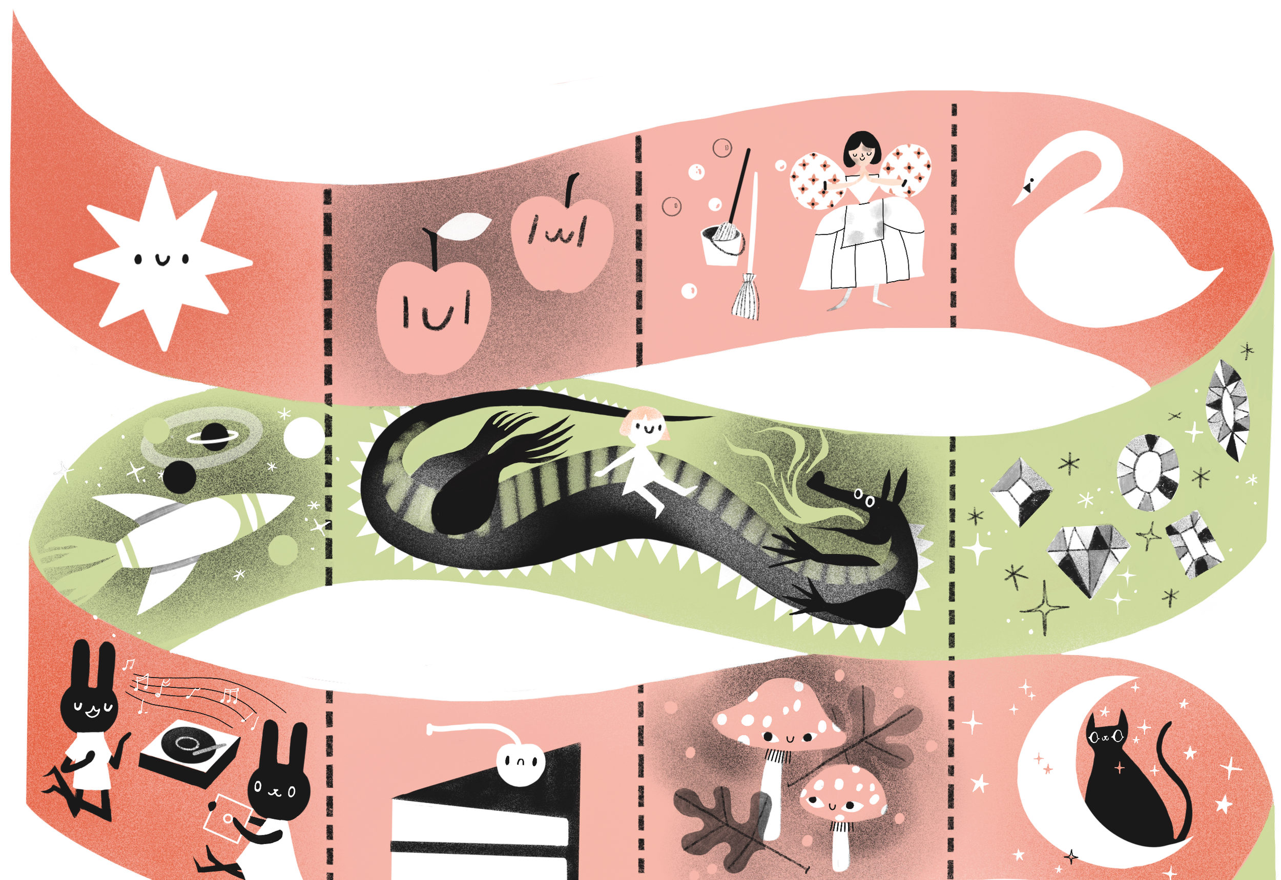 Illustrated collage with various whimsical characters and objects including happy animals, people, a crocodile, cats, flowers, and abstract shapes, all depicted in a playful, cartoon style with soft pastel colors and black and white accents.