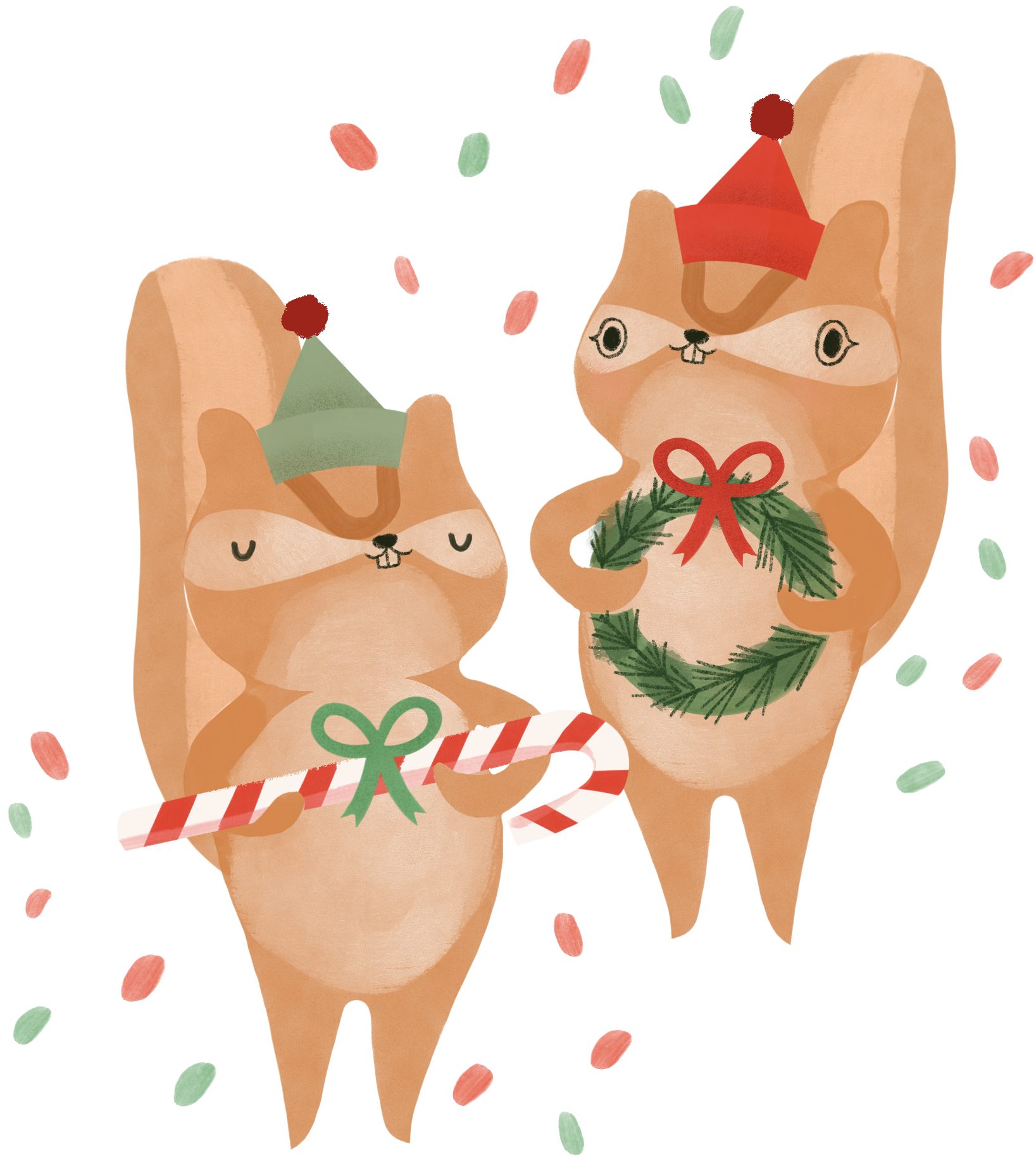 Two illustrated chipmunks with holiday-themed accessories, one holding a candy cane and both wearing wreaths and Santa hats