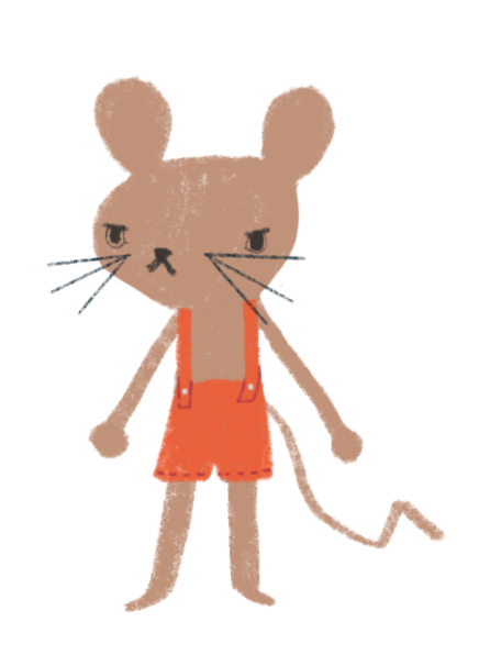 Stylized cartoon illustration of a cat with mouse features wearing an orange dress.