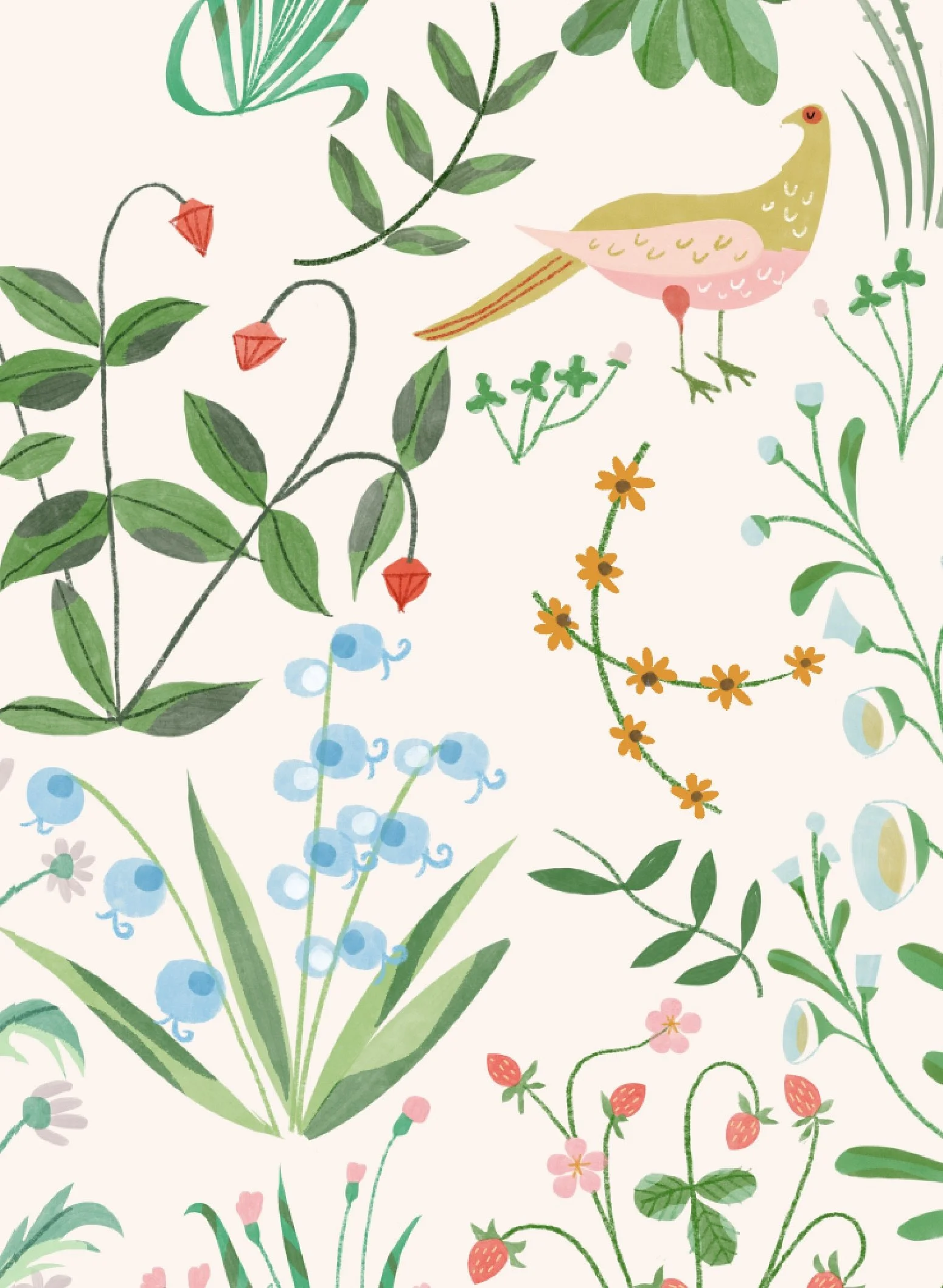 Watercolor illustration of various plants, flowers, and a bird with a small red strawberry near the bottom.