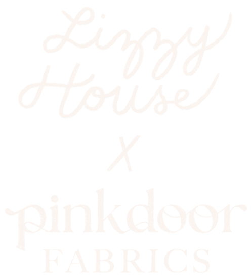 Text that reads "Lizzy House x pinkdoor FABRICS" on a black background.
