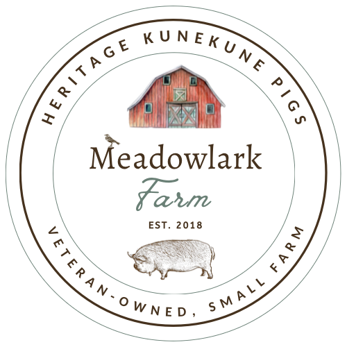 Meadowlark Farm Iowa logo with a barn with a silo, a heritage Kunekune sow in the foreground, and a farm setting.