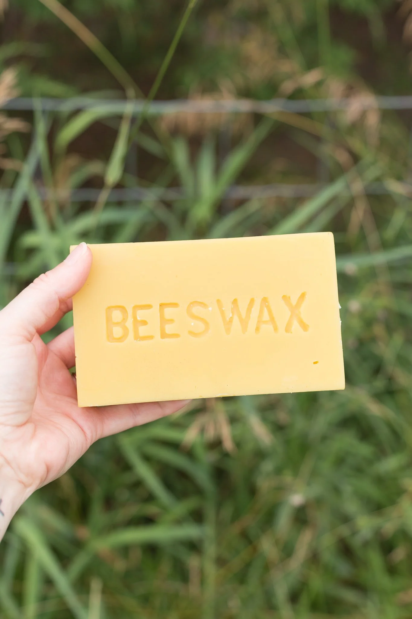 Block of golden local beeswax for Meadowlark Made pork tallow skincare