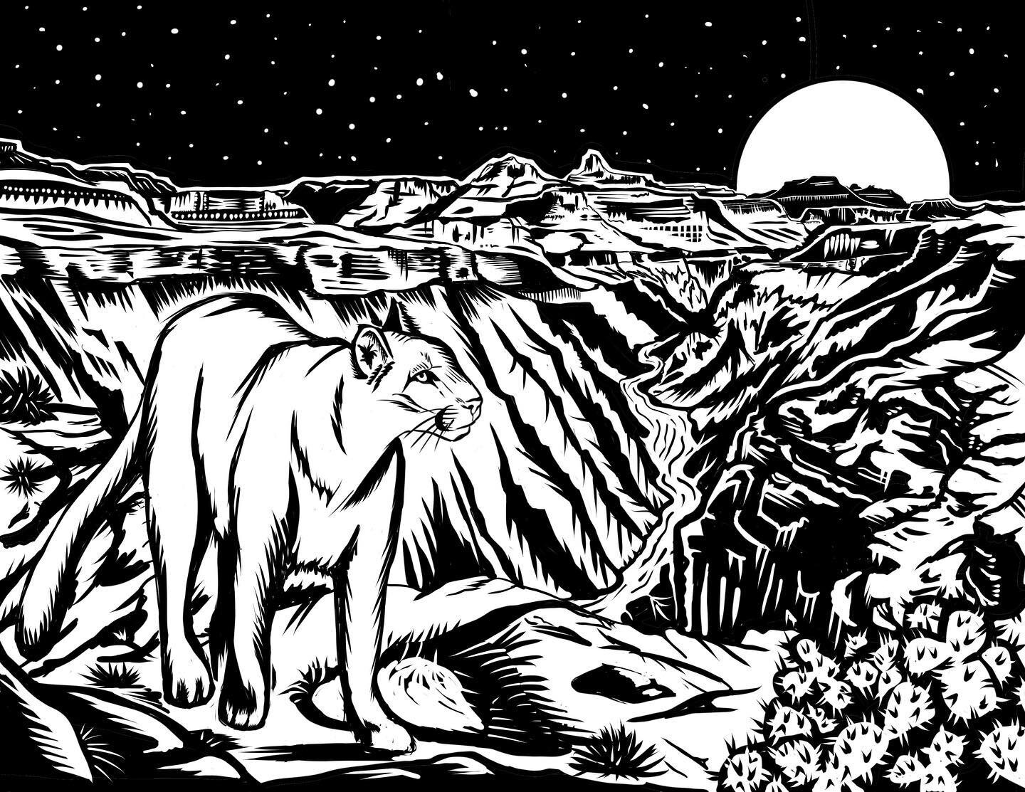 The Prowl. Digital art to eventually become a lino print in my nocturnal canyon series. Can anyone decipher where this is in Grand Canyon? #digitalart #grandcanyonart