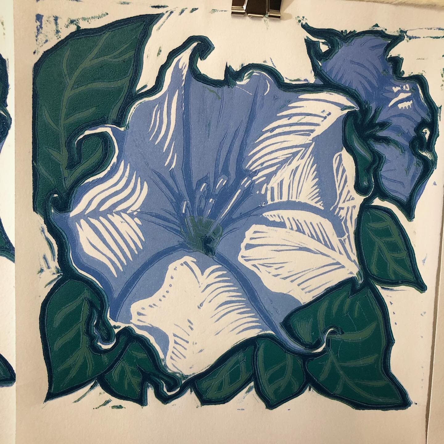 Exploring reduction printing with a low-stakes print. Messy, not perfect, but still a subject that I love and fits so well with those desert landscapes! 5 layer reduction print of a datura. #linoprinting #noteverthingisamasterpiece