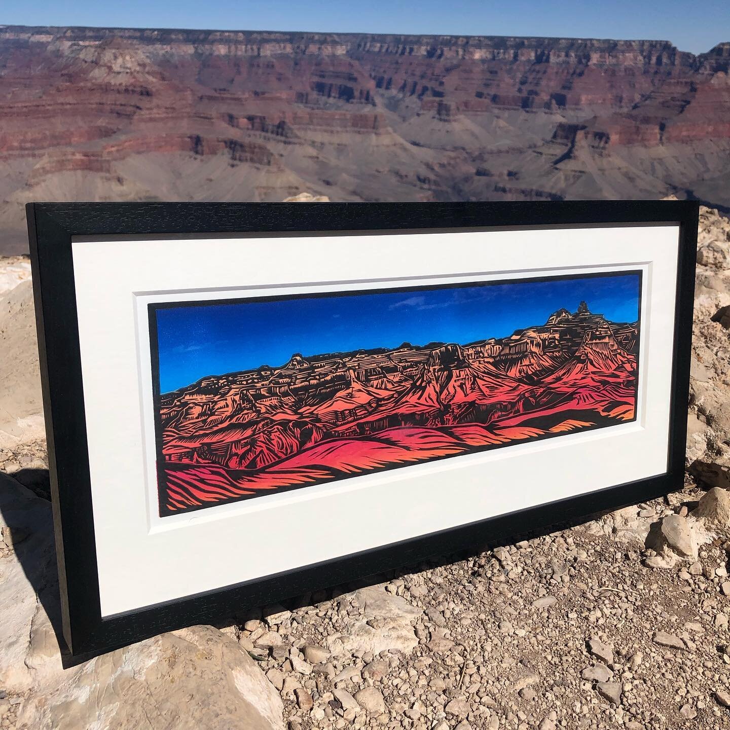 My Tip-off Panorama Frames came in and I took these beauties out for a photo shoot! They are no comparison to the real thing&hellip;but man they look good in that warm winter light!  What do you all think? #linocut #grandcanyonart #southkaibabtrail #