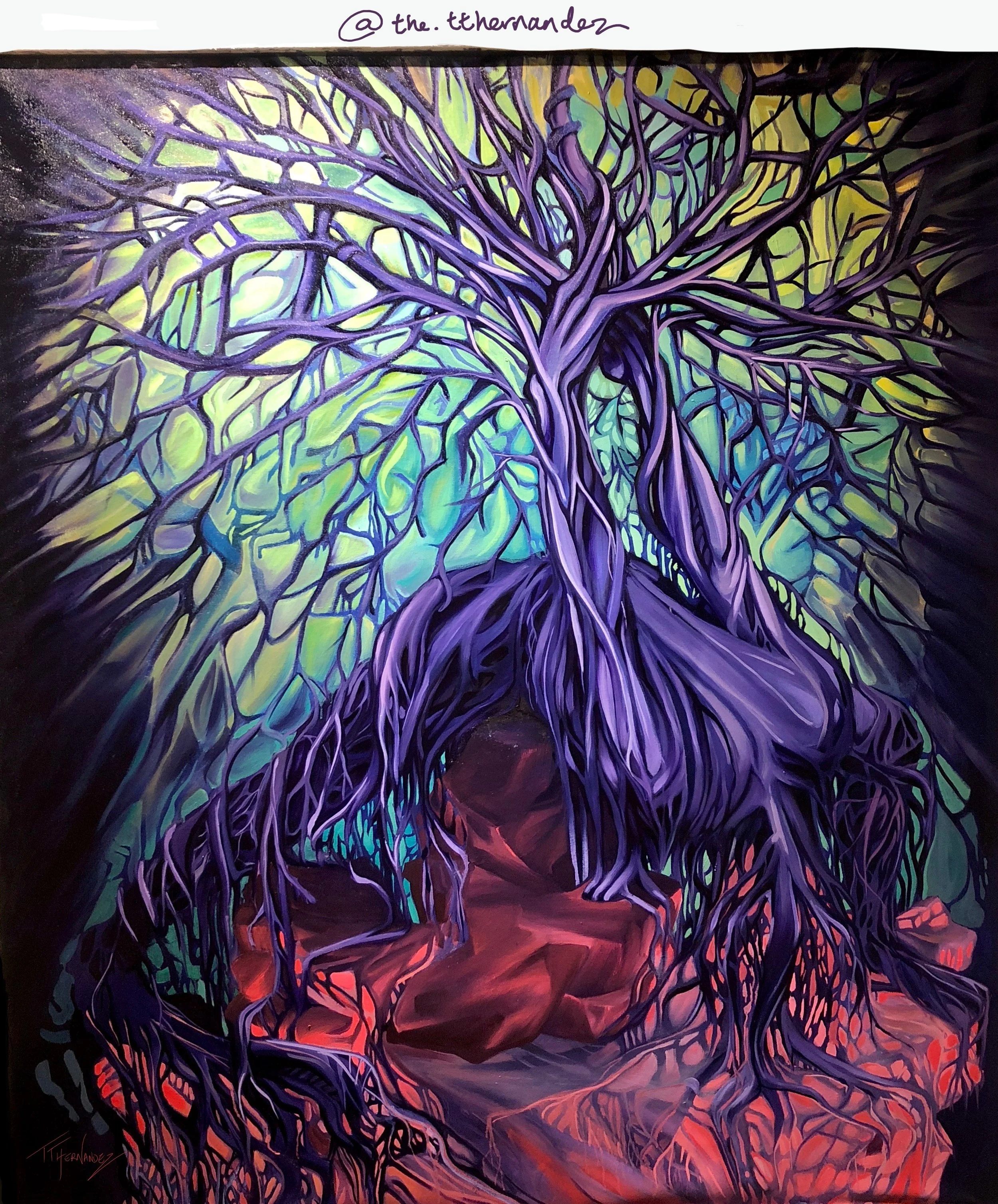 banyan tree, yoga pose, humble warrior, oil painting, tt hernandez