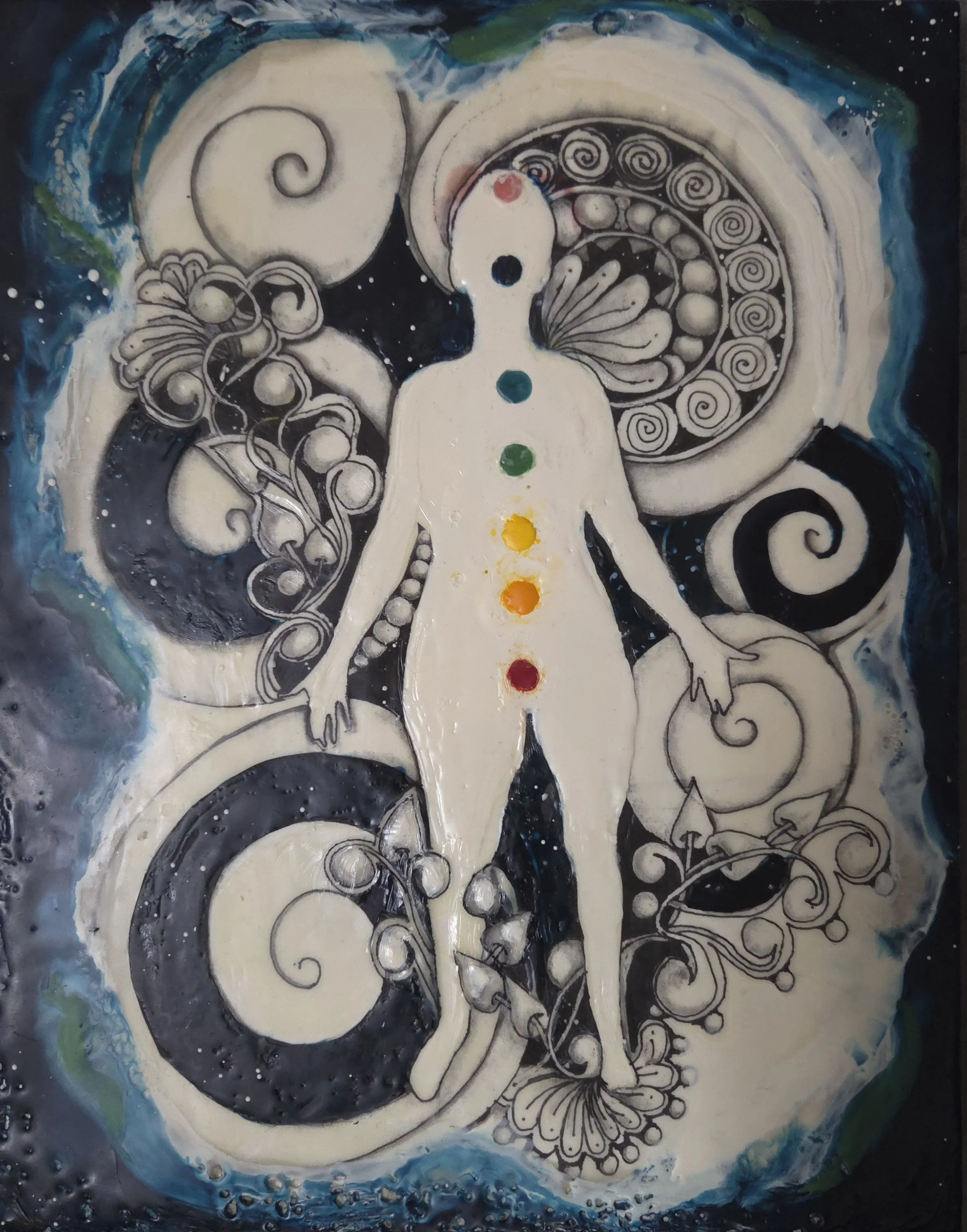 Let It Be, 11 x 14 inches, Encaustic collage, $400, Design is hand drawn on rice paper, 