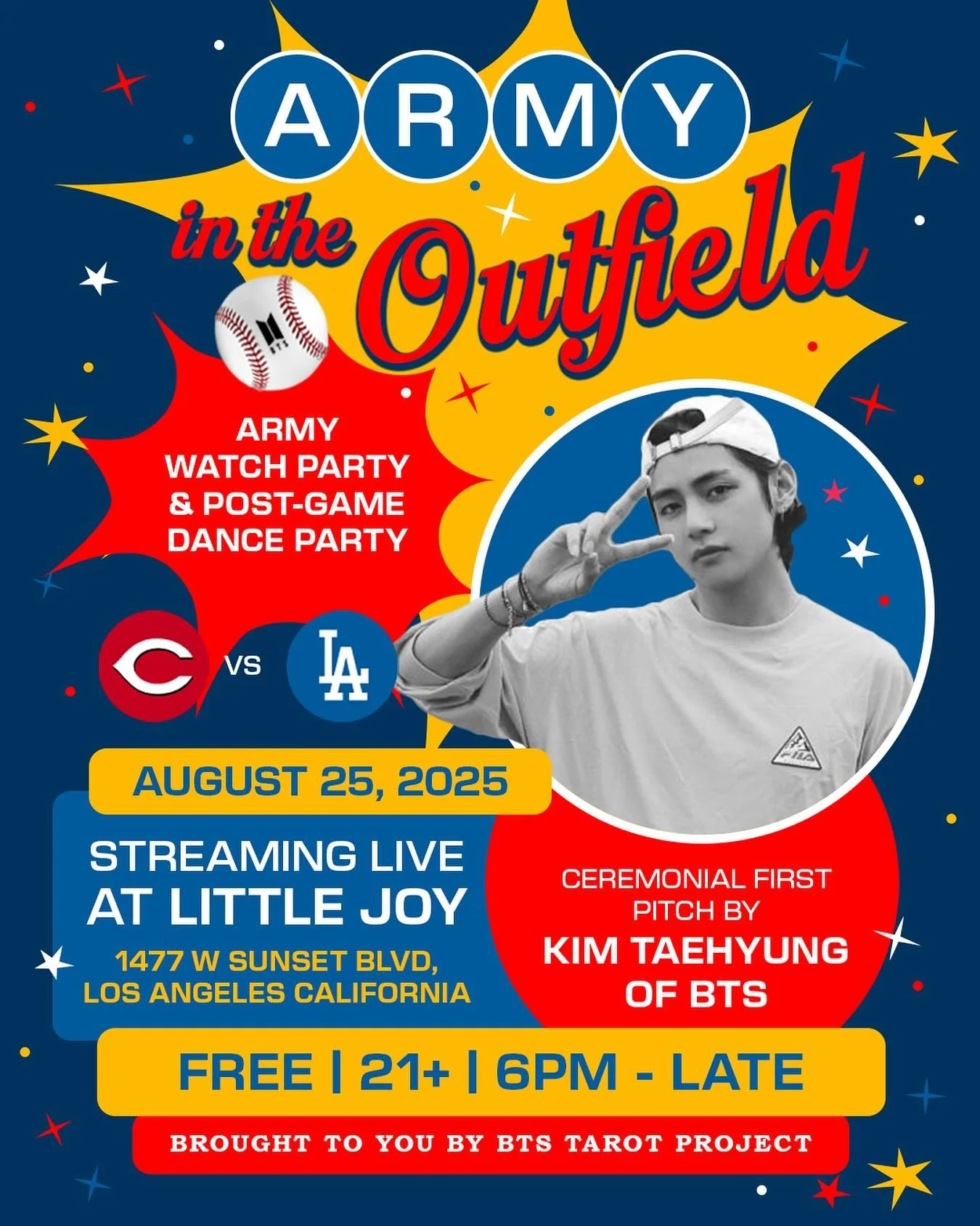 It&rsquo;s time for ARMY baseball!!! ⚾️💜

Join us at Little Joy in Echo Park on Monday to cheer on V as he throws the Ceremonial First Pitch at the Dodgers Game on Monday!

We&rsquo;ll be streaming the game LIVE at Little Joy! This event is FREE and
