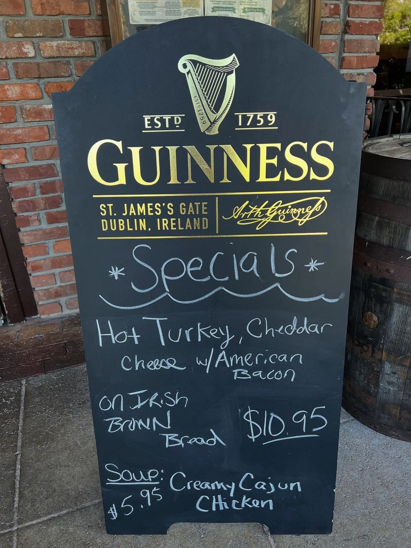 Ever see this blackboard on your way in for a pint? Well it's where you can find all of our mouthwatering daily specials, lunch, dinner, and dessert! Today's lunch specials are Creamy Cajun Chicken Soup and a Toasted Turkey Bacon Cheddar Sandwich on