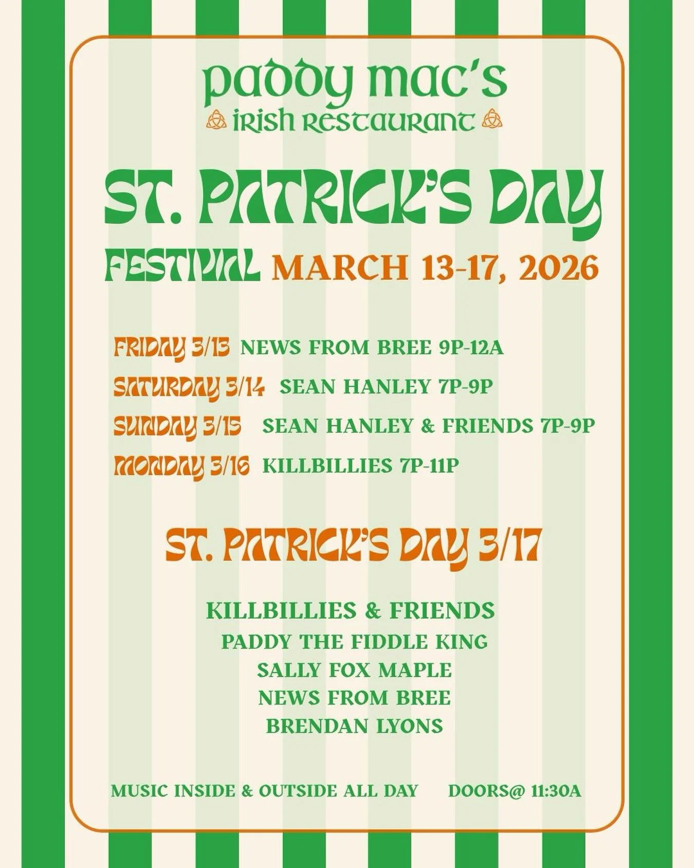 The Big Day is Almost Here ☘️ Our 2026 St. Patrick's Day Festival is back and better than ever! Come out for FIVE days of Live Music, Fresh Pours, and Tasty Bites that are sure to make you feel lucky 😉 March 13-17
Inside and Outside all day. Doors a