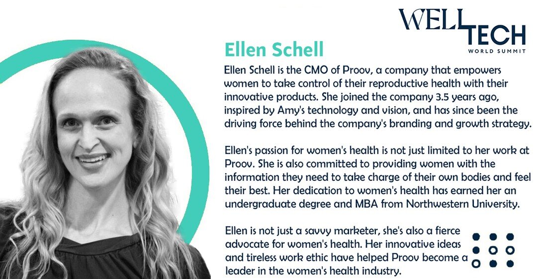 🎙️ Exciting news! Our next speaker for the Well-Tech World Summit is none other than Ellen Schell - co-founder and CMO of Proov.

🌟 Ellen is a marketing expert and has been an integral part of the development of Proov, a technology that allows wome