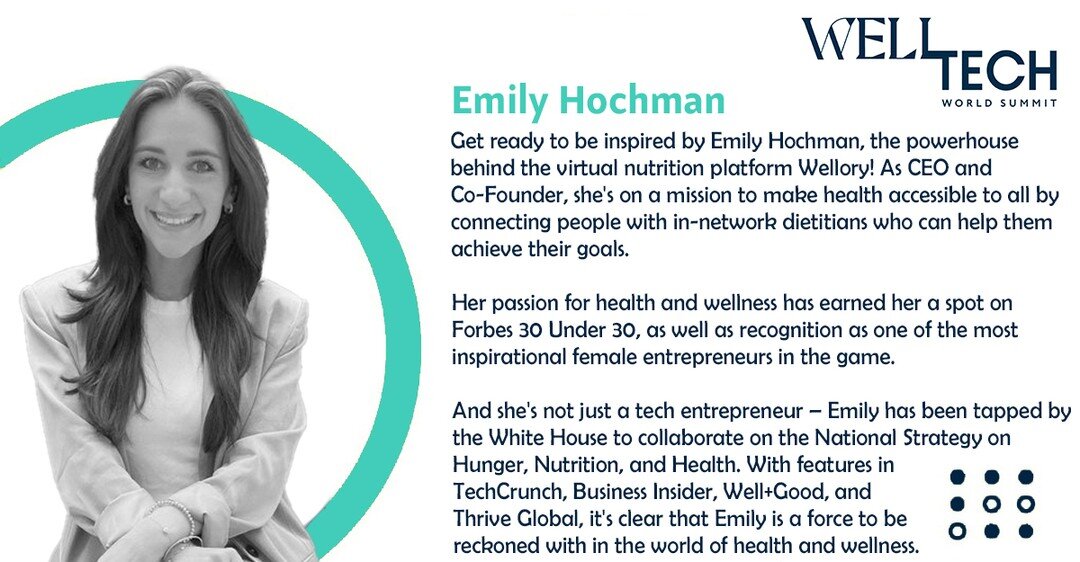 🎤 Introducing Emily Hochman, CEO+ Co-Founder of Wellory and Forbes 30 Under 30 honoree. She's a trailblazer in virtual nutrition and has been recognized as a leader in health and wellness by the White House.

🌟 Emily's mission is to help 100 millio