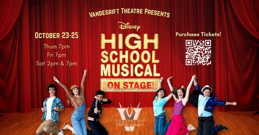 Poster for Disney's High School Musical on stage with a red curtain background.