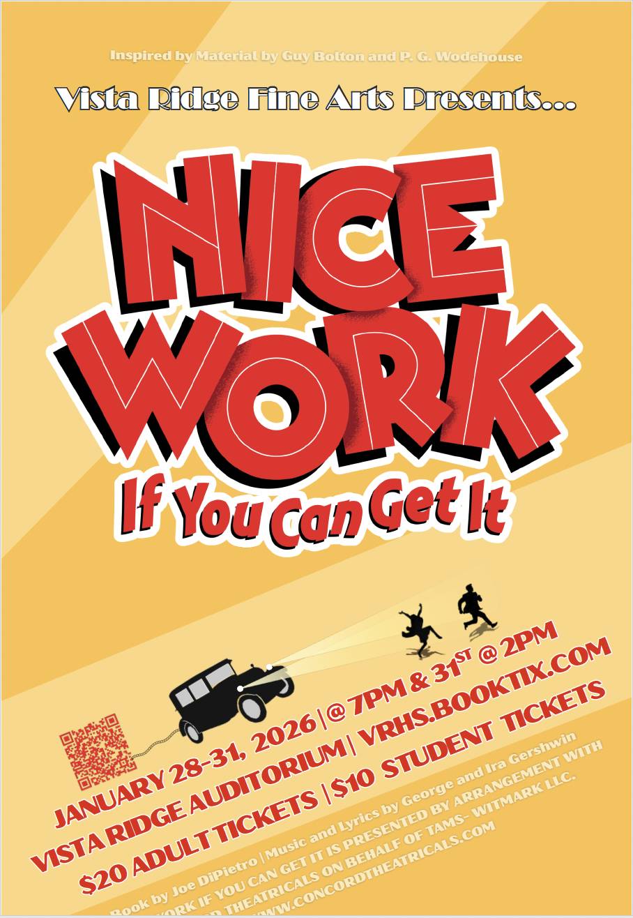 Graphic with bold red and black text that says "Nice Work" and smaller red text below that says "If You Can Get It" on a yellow background with rays.