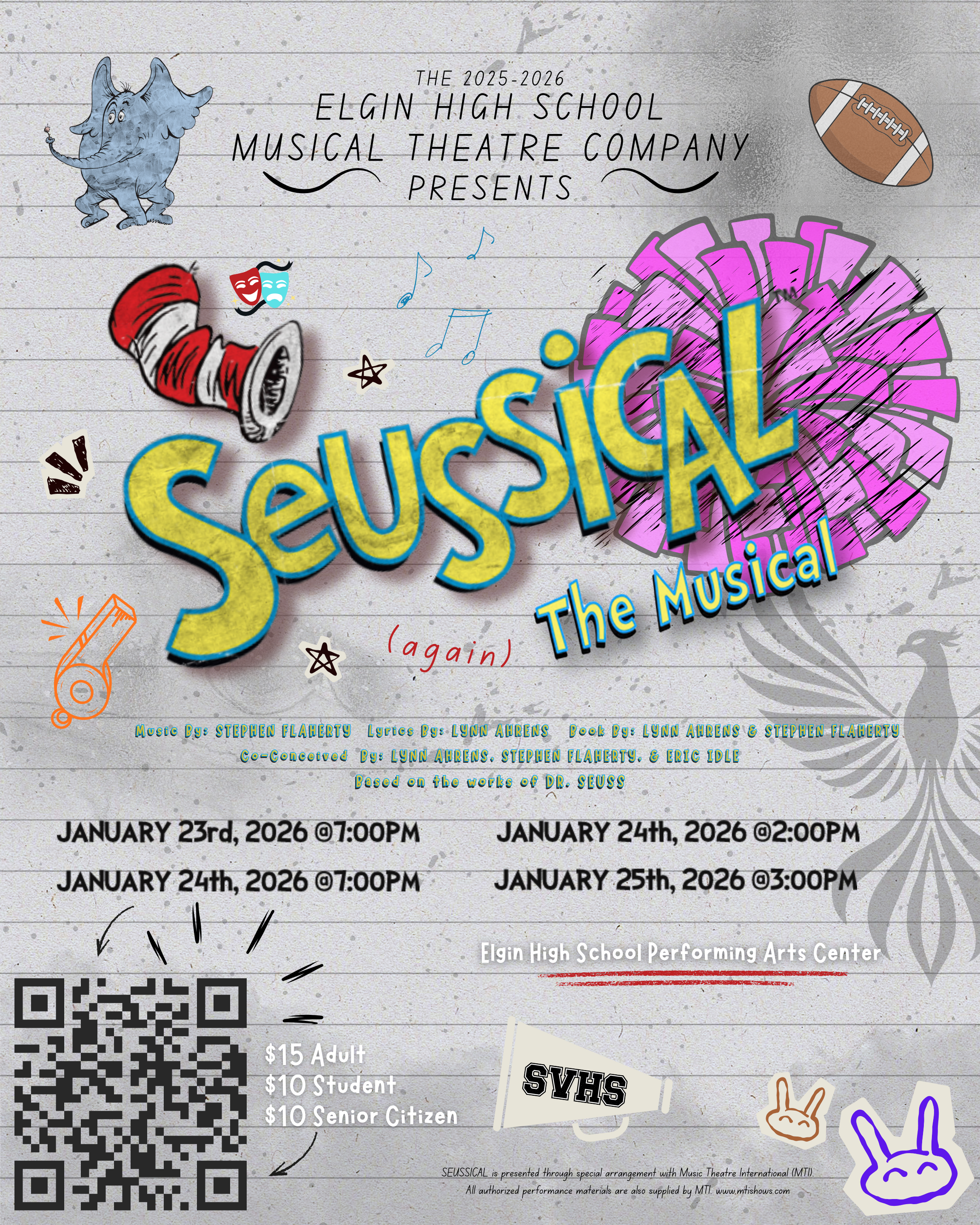 Poster promoting Seussical The Musical, showing back of a woman with dark hair wearing a black sleeveless top, placing a red and white striped hat on her head. Text on the poster asks, "Who's coming back to Elgin?" and includes dates January 23rd to 25th, 2026.