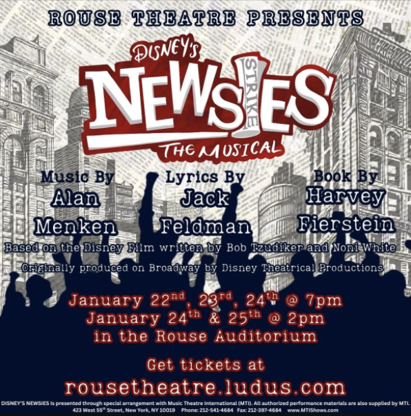 Poster for Disney's Newsies The Musical at Rouse Theatre, with show dates January 22-25, 2023, and ticket information at rousetheatre.ludus.com