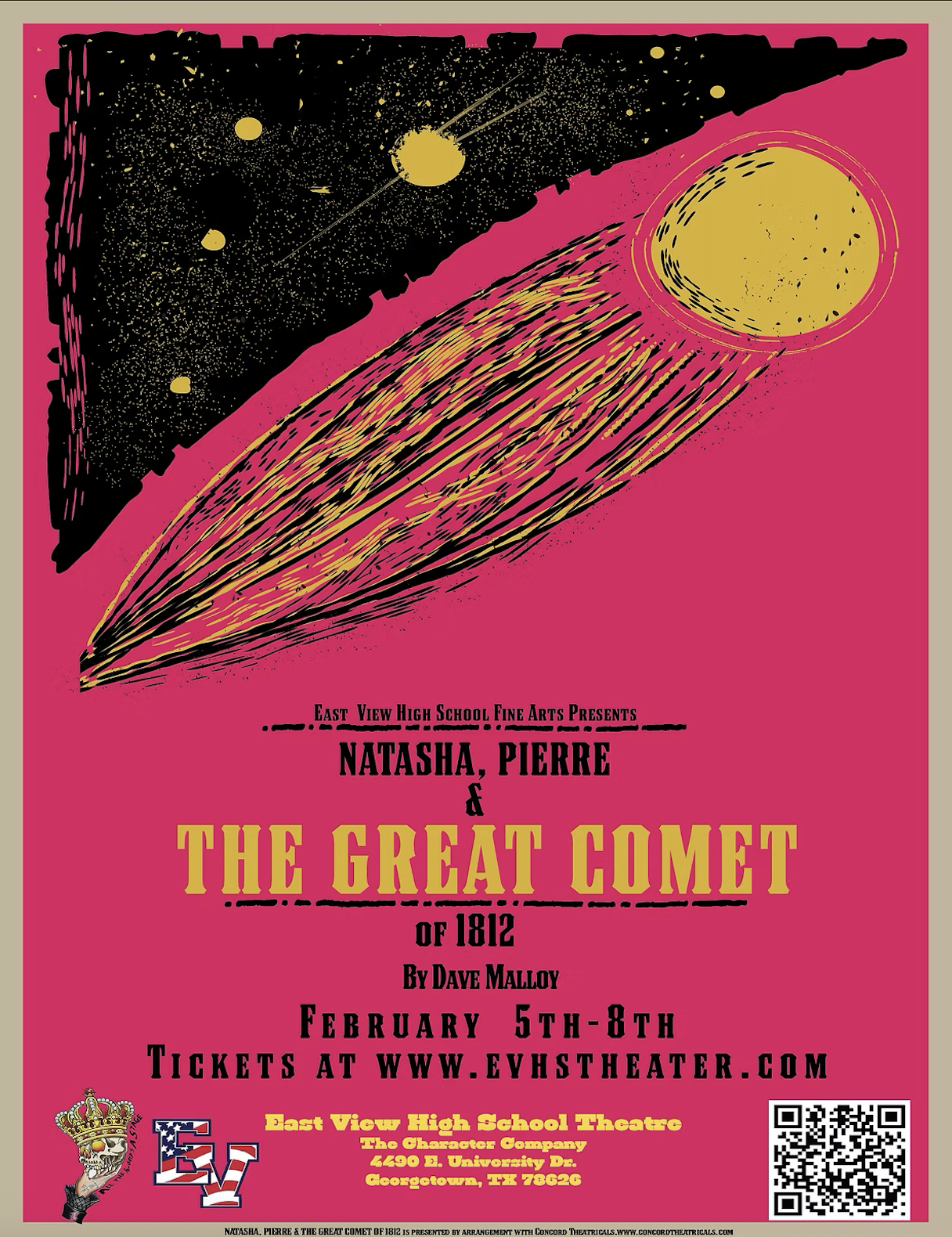 Poster for a theater production titled 'Natasha, Pierre & The Great Comet of 1812' with cover art featuring a stylized depiction of a comet and celestial bodies on a pink background, showing performance details with dates, location, and ticket information.