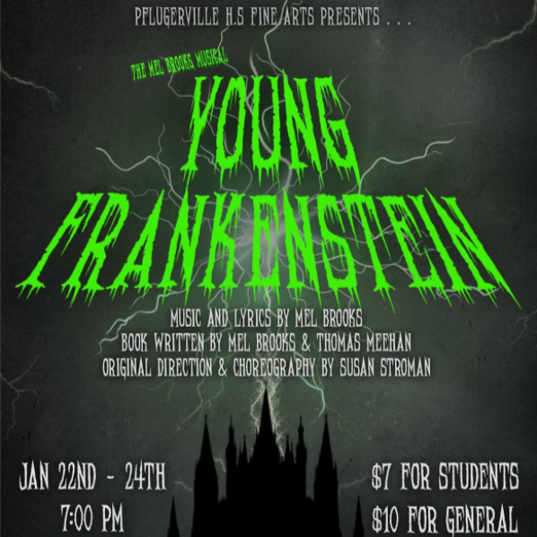 Poster for a musical called 'Young Frankenstein' with green, jagged text and lightning effects. It features information about the play's dates, times, and ticket prices.
