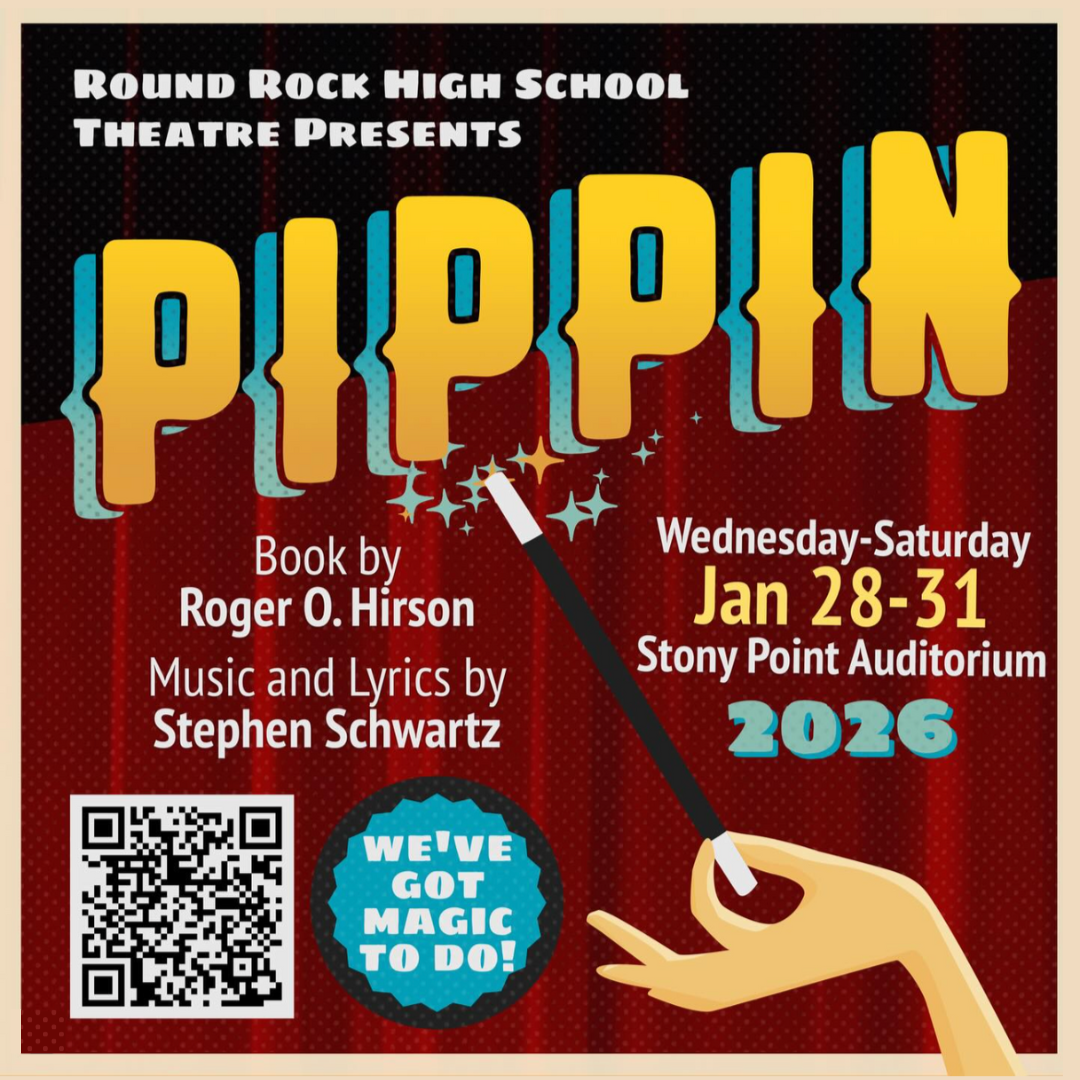 Poster for the Broadway musical 'Pippin' featuring a silhouette of a man walking toward stage lights and bold red and blue geometric background.