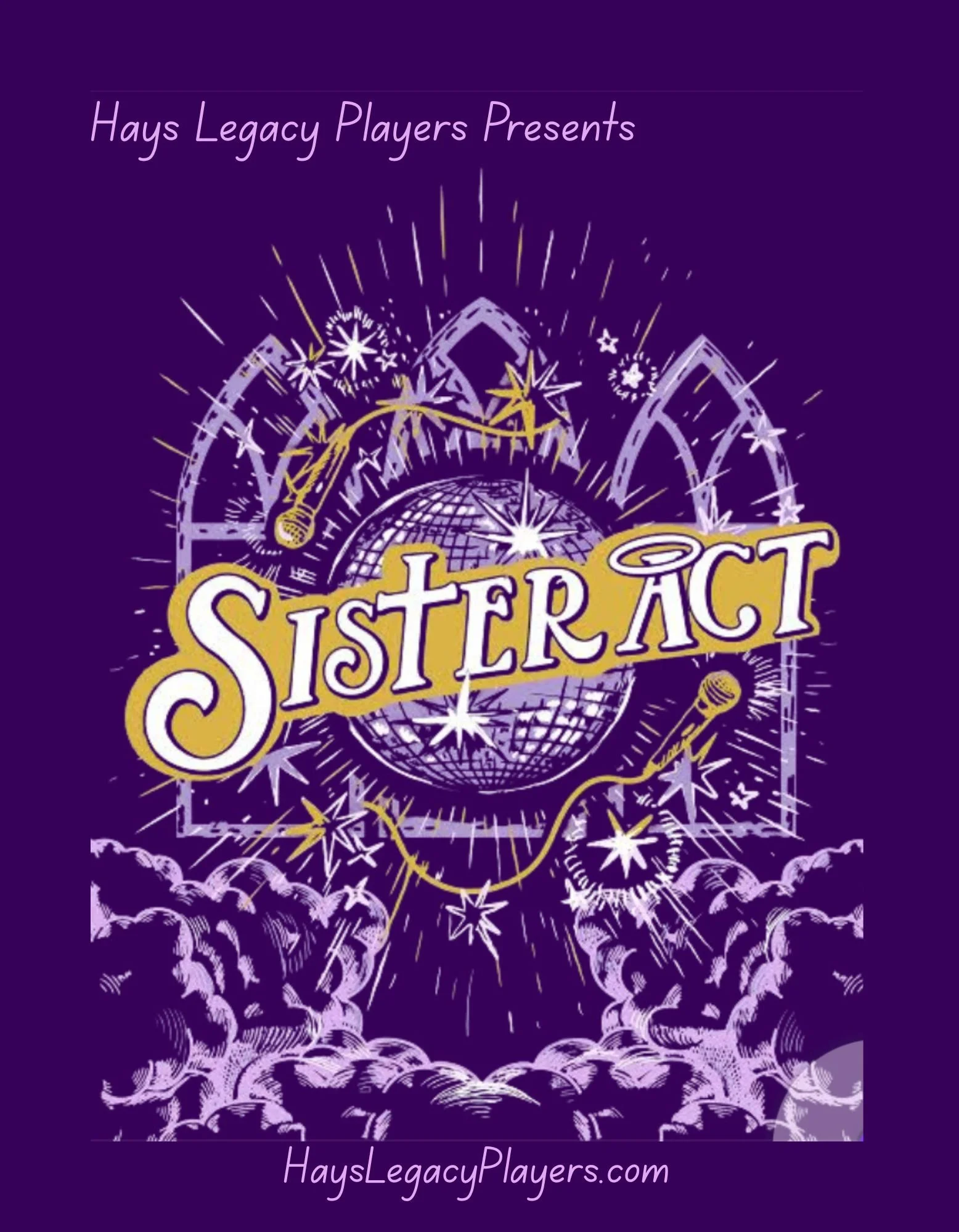 Poster for the musical "Sister Act" with a blue background and bright red 3D text.