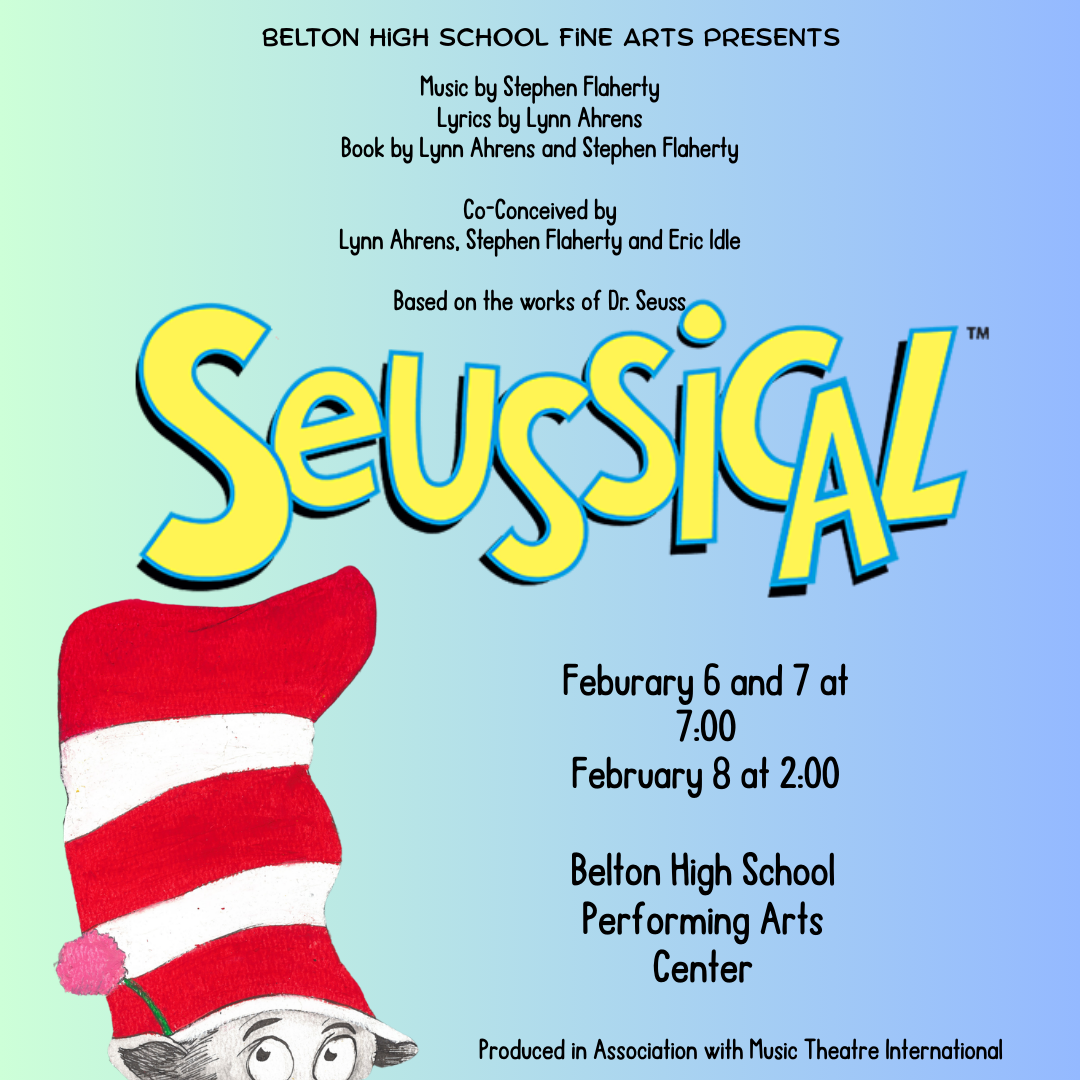 Colorful logo of Seussical with a blue background, featuring a red and white striped hat tilted above the yellow text.