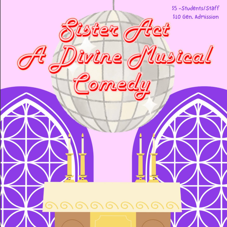 Poster for the musical "Sister Act" with a blue background and bright red 3D text.